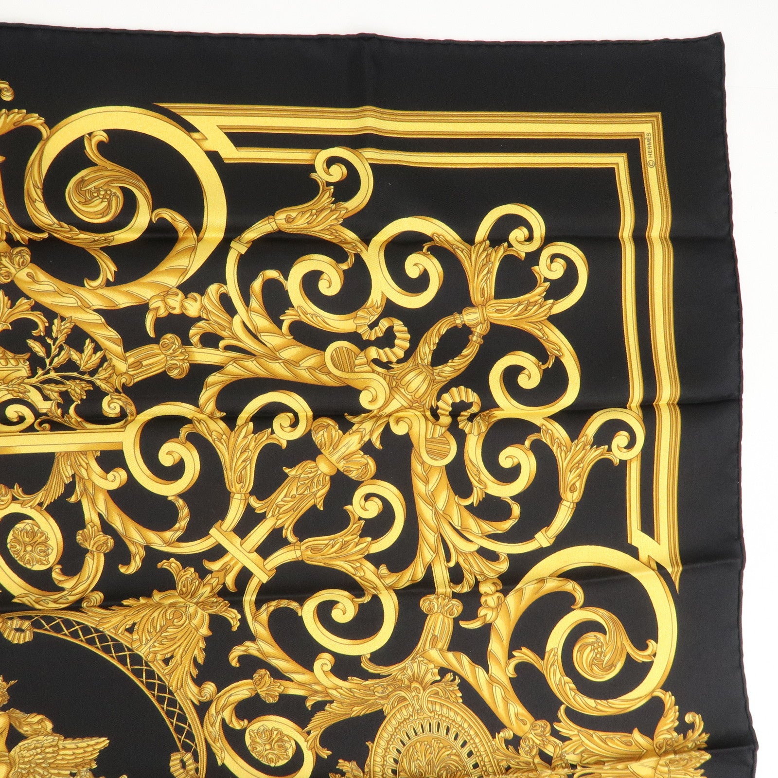 HERMES Silk 100% Carre 90 Scarf LES TUILERIES Black Gold Used