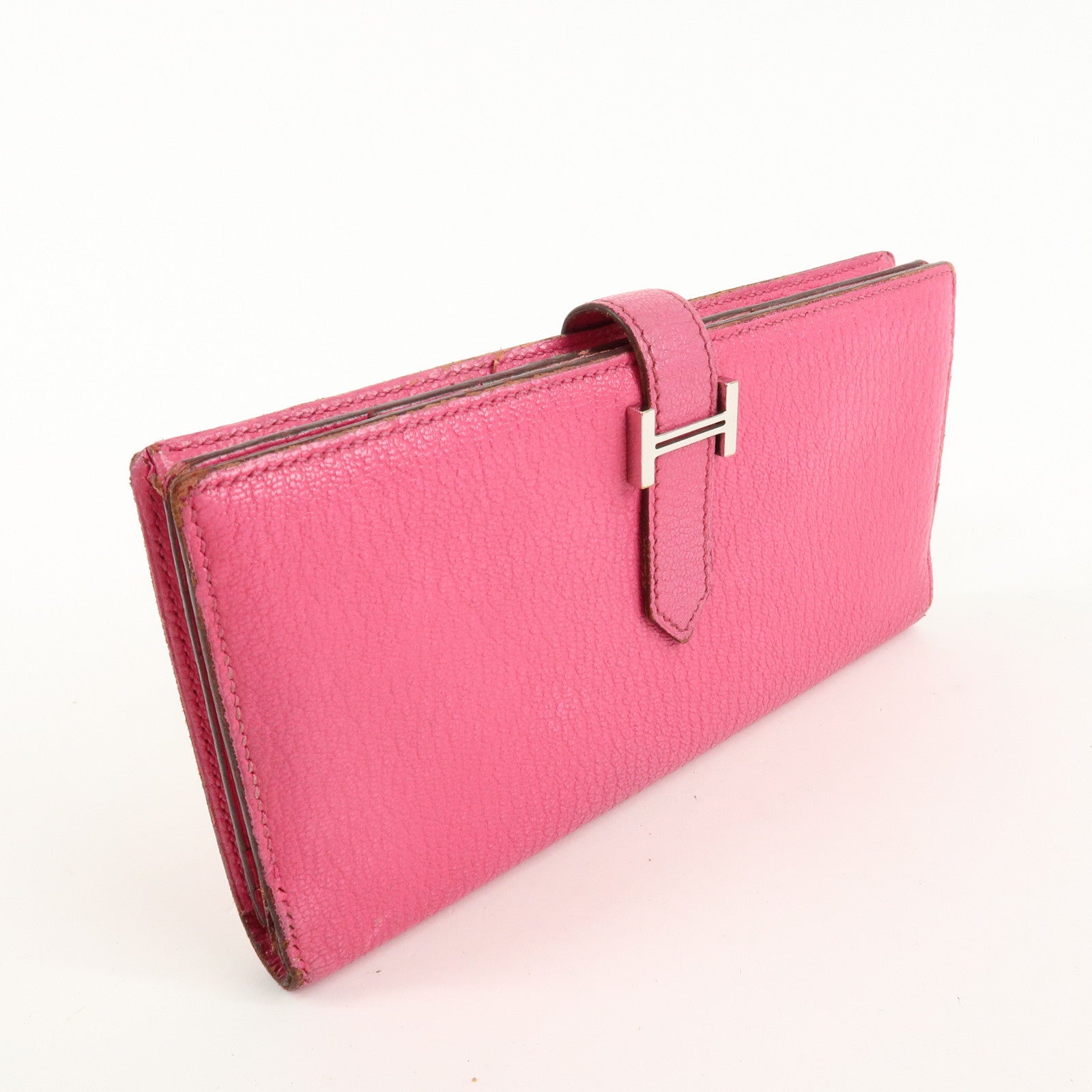 HERMES Leather Bearn Soufflet N engraved (around 2010) Wallet Pink