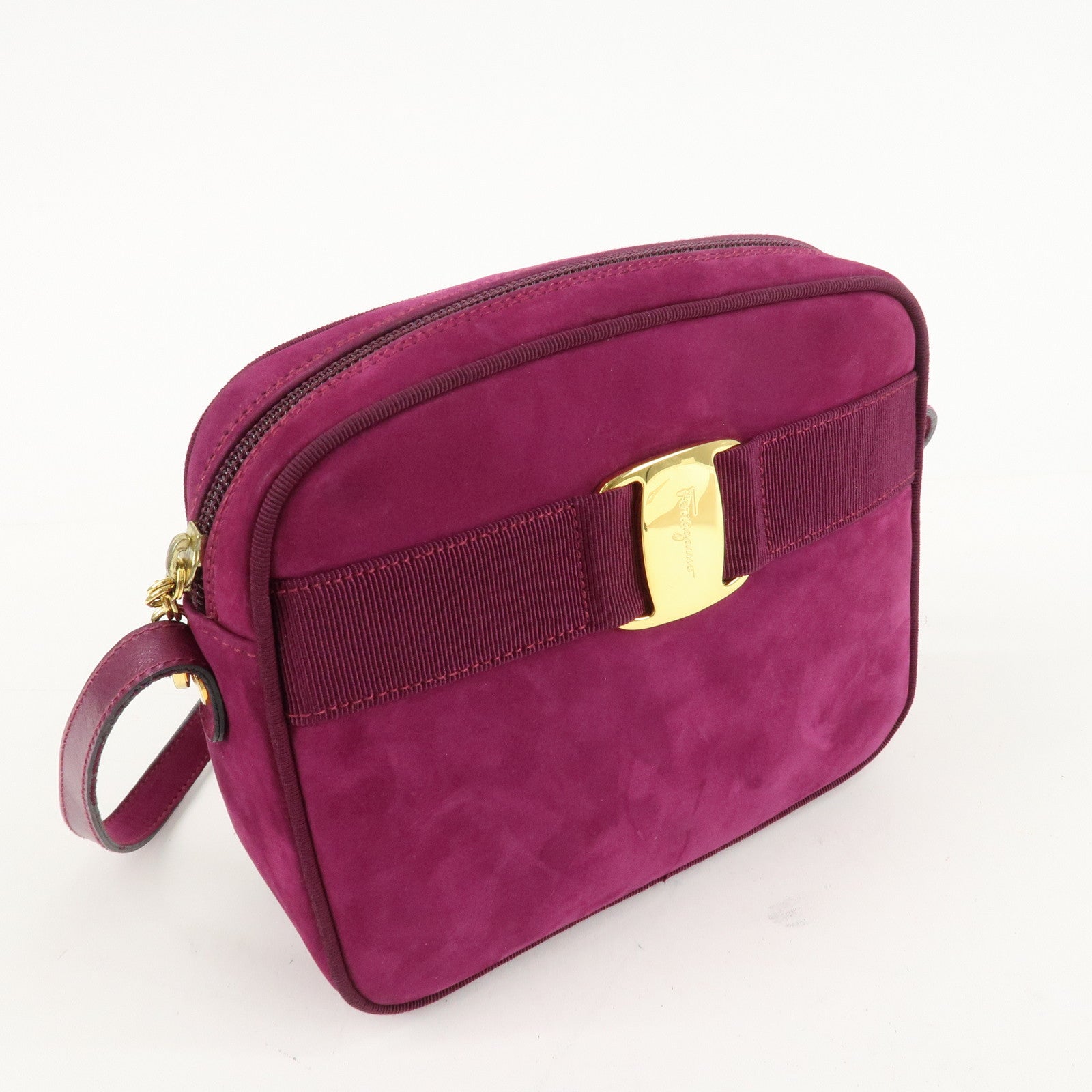 Ferragamo Vara Ribbon Suede Leather Shoulder Bag Purple