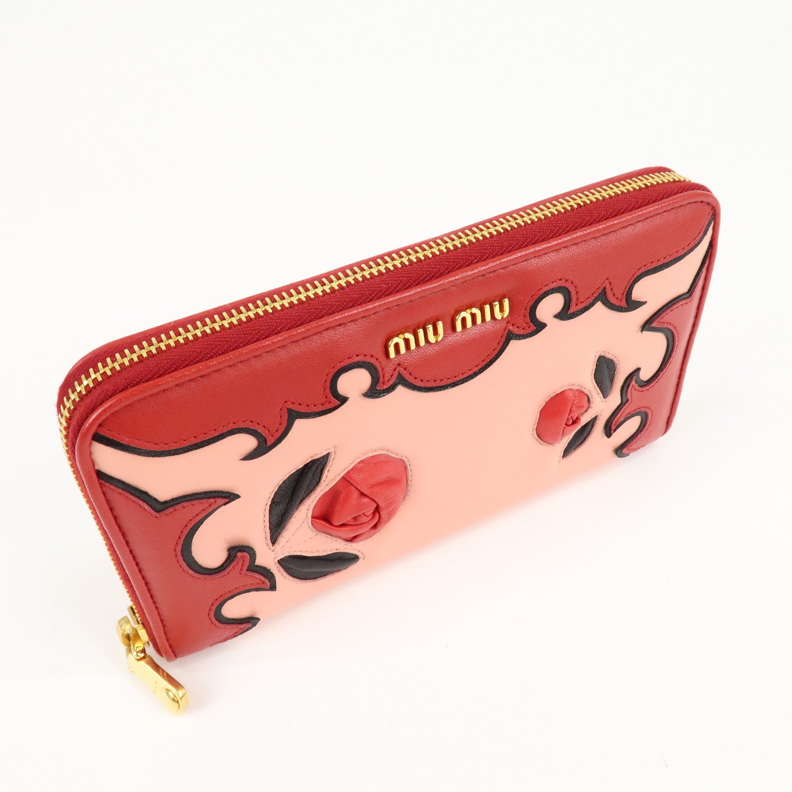 MIU MIU Leather Round Zipper Long Wallet Red Pink