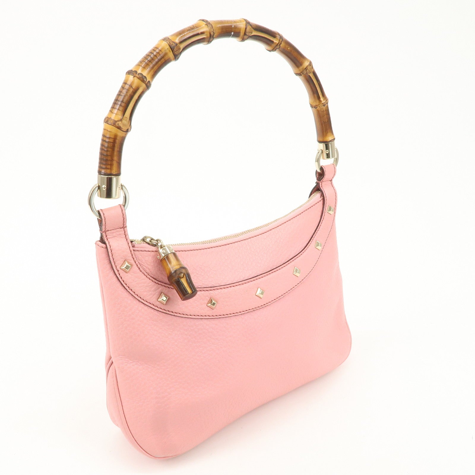 GUCCI Bamboo Leather Shoulder Bag Hand Bag Studs Pink 137378