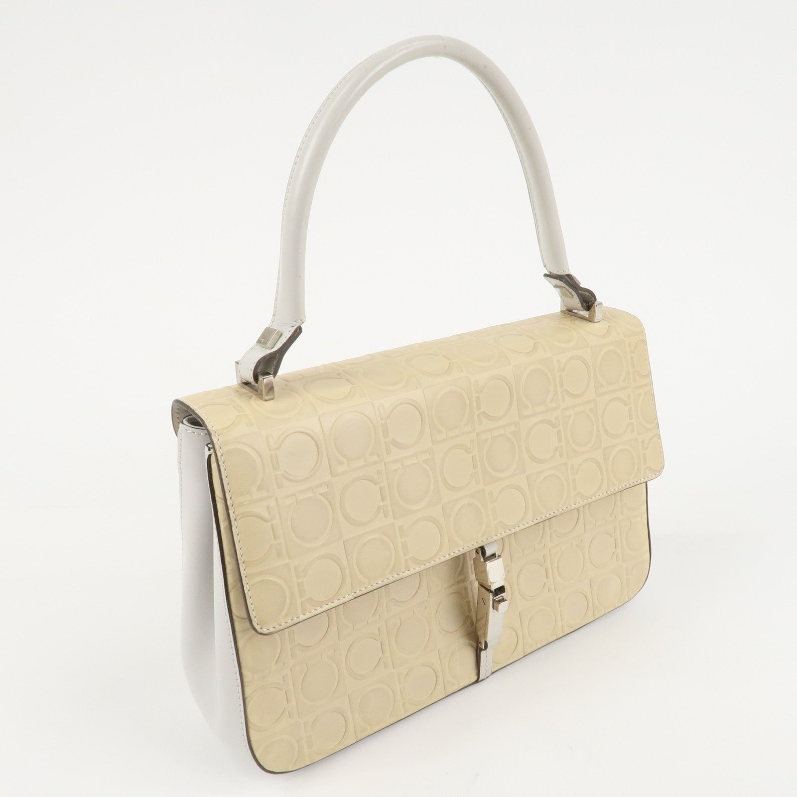 Ferragamo Gancini Pattern Leather Hand Bag Ivory