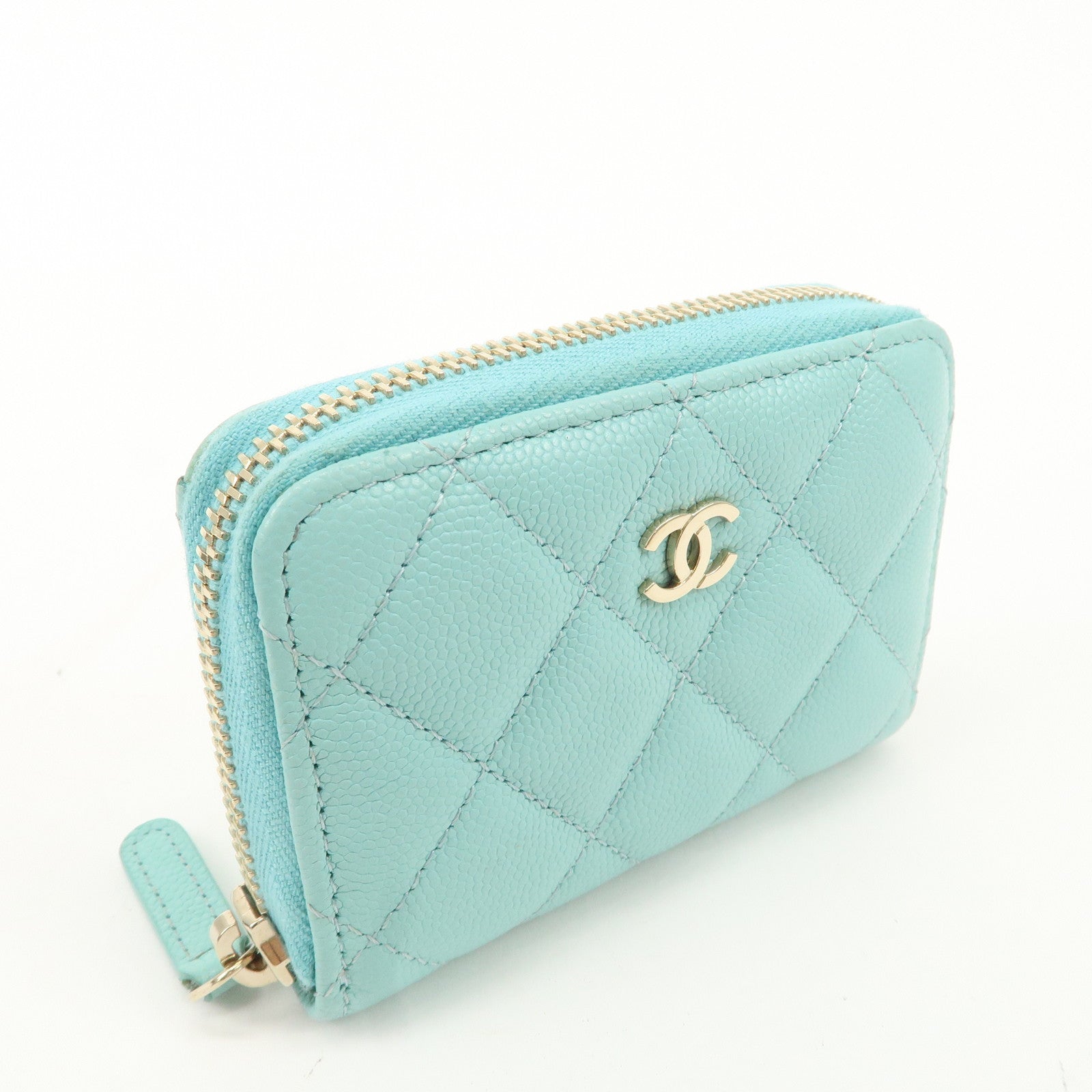 CHANEL Matelasse Caviar Skin Round Zipper Card Case Blue Used