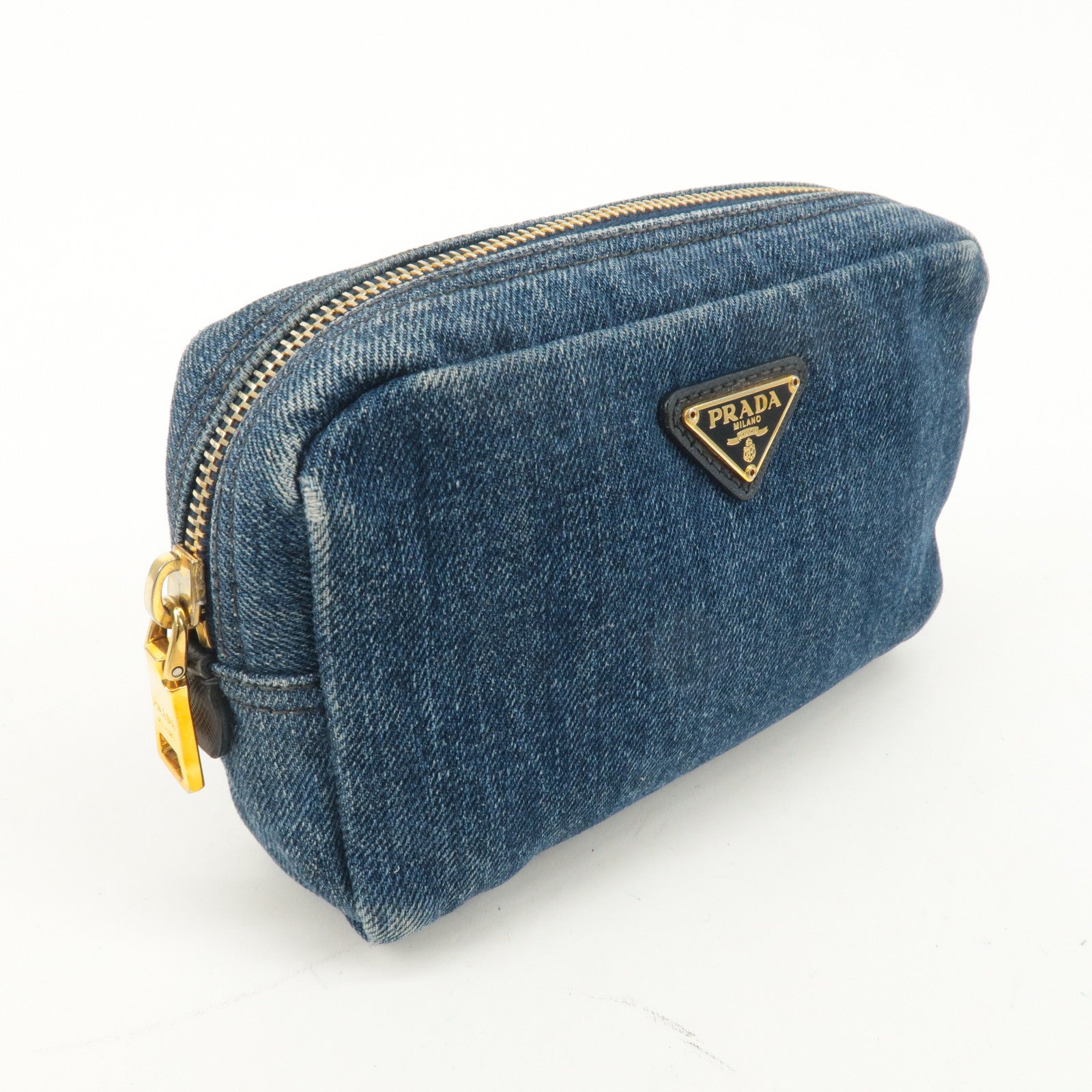 PRADA Logo Denim Cosmetic Pouch Blue