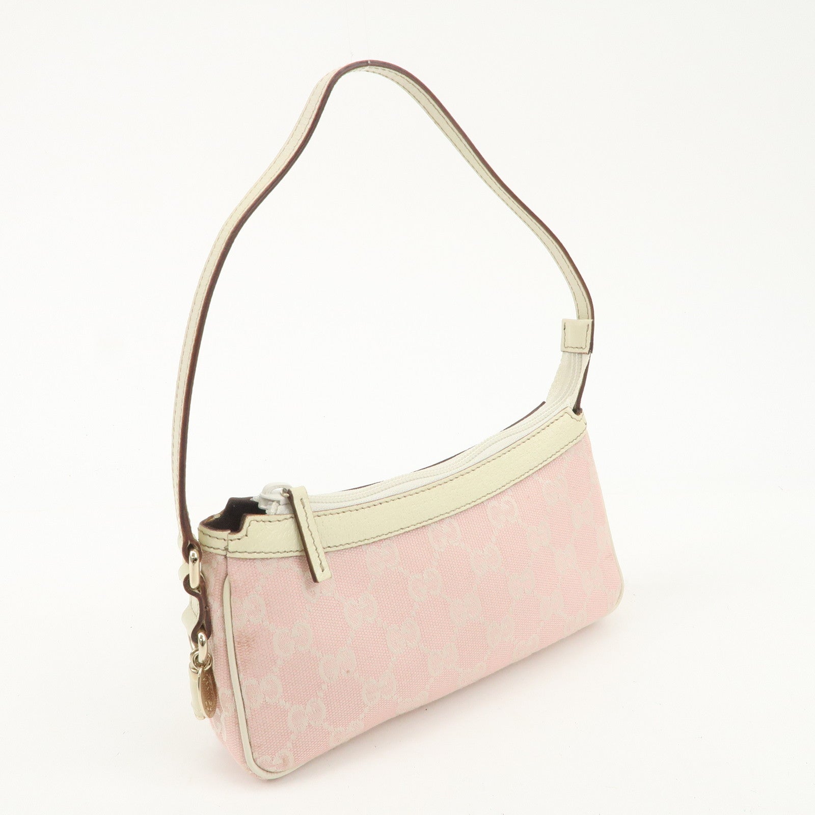 GUCCI GG Canvas Leather Hand Bag Pouch Pink Ivory 154432 Used