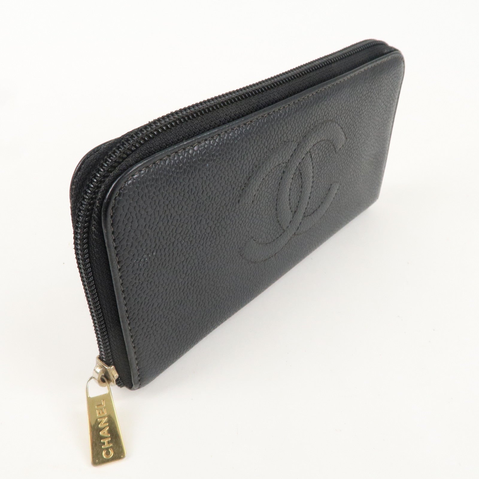 CHANEL Caviar Skin Round Zippy Long Wallet Black A13228