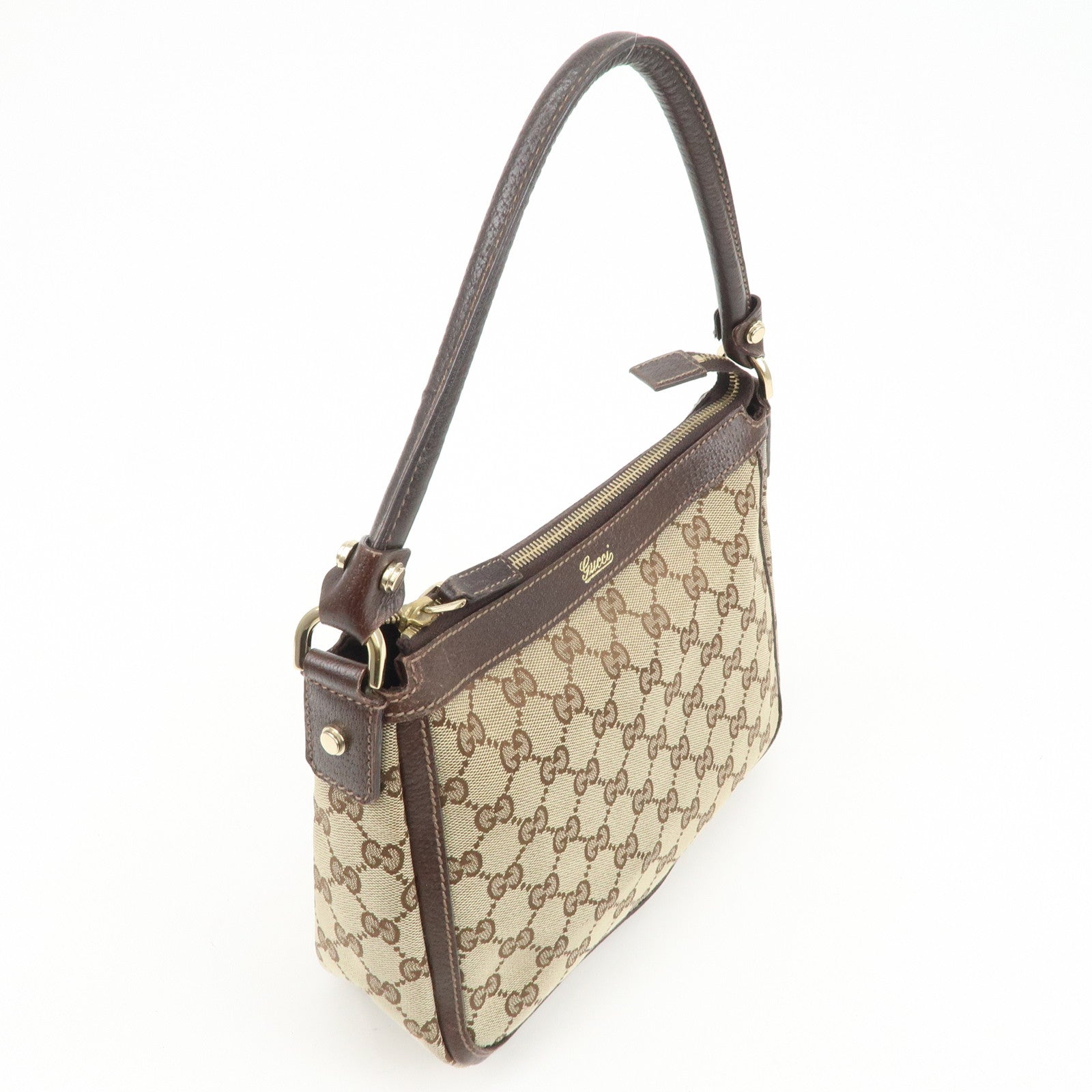 GUCCI GG Canvas Leather Shoulder Bag Beige Brown 146244 Used