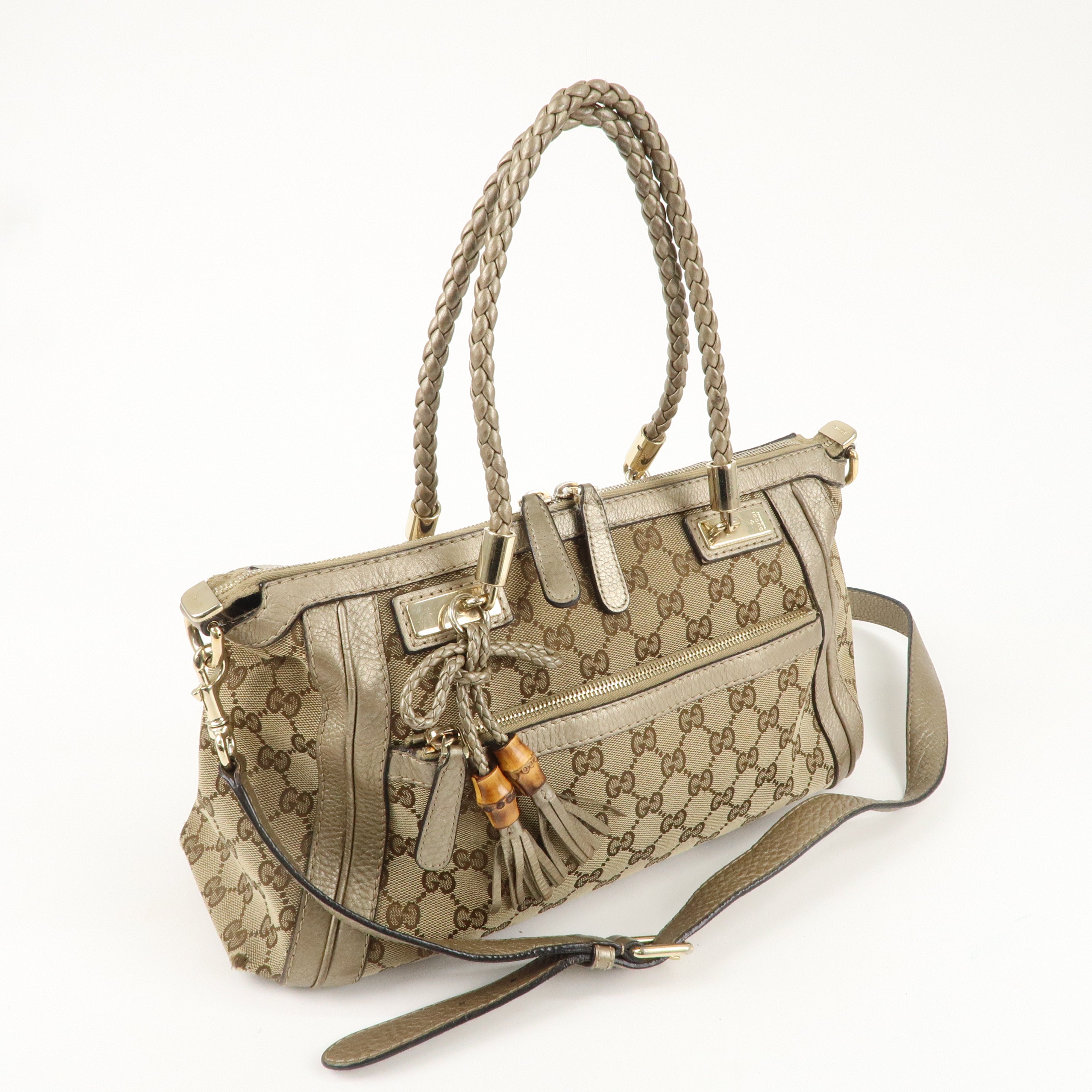 GUCCI GG Canvas Leather 2Way Shoulder Bag Beige Gold 282300