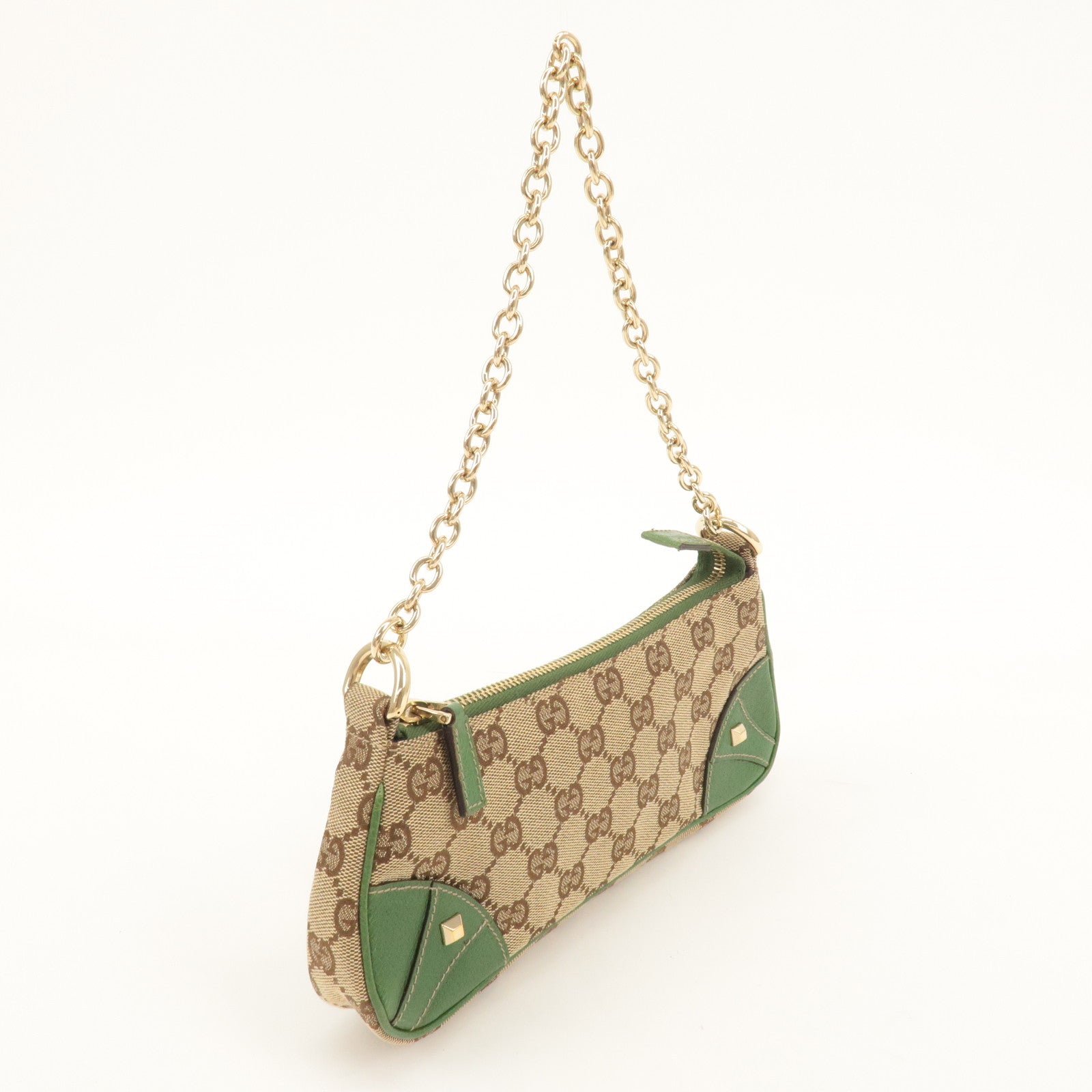 GUCCI GG Canvas Leather Chain Hand Bag Pouch Beige Green 120940