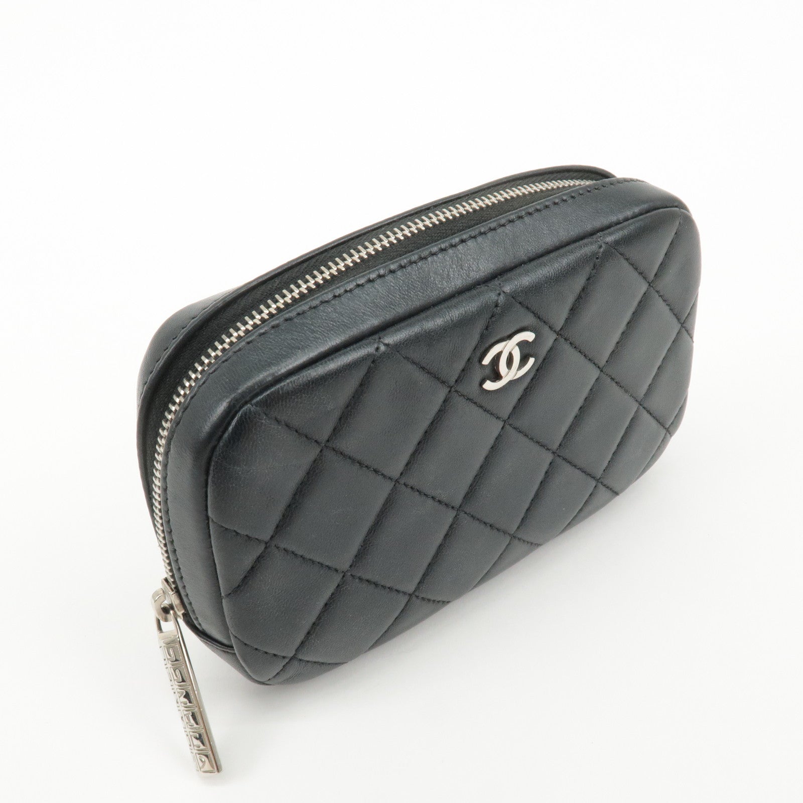 CHANEL Matelasse Lamb Skin Cosmetic Pouch Clutch Black A80909 Used