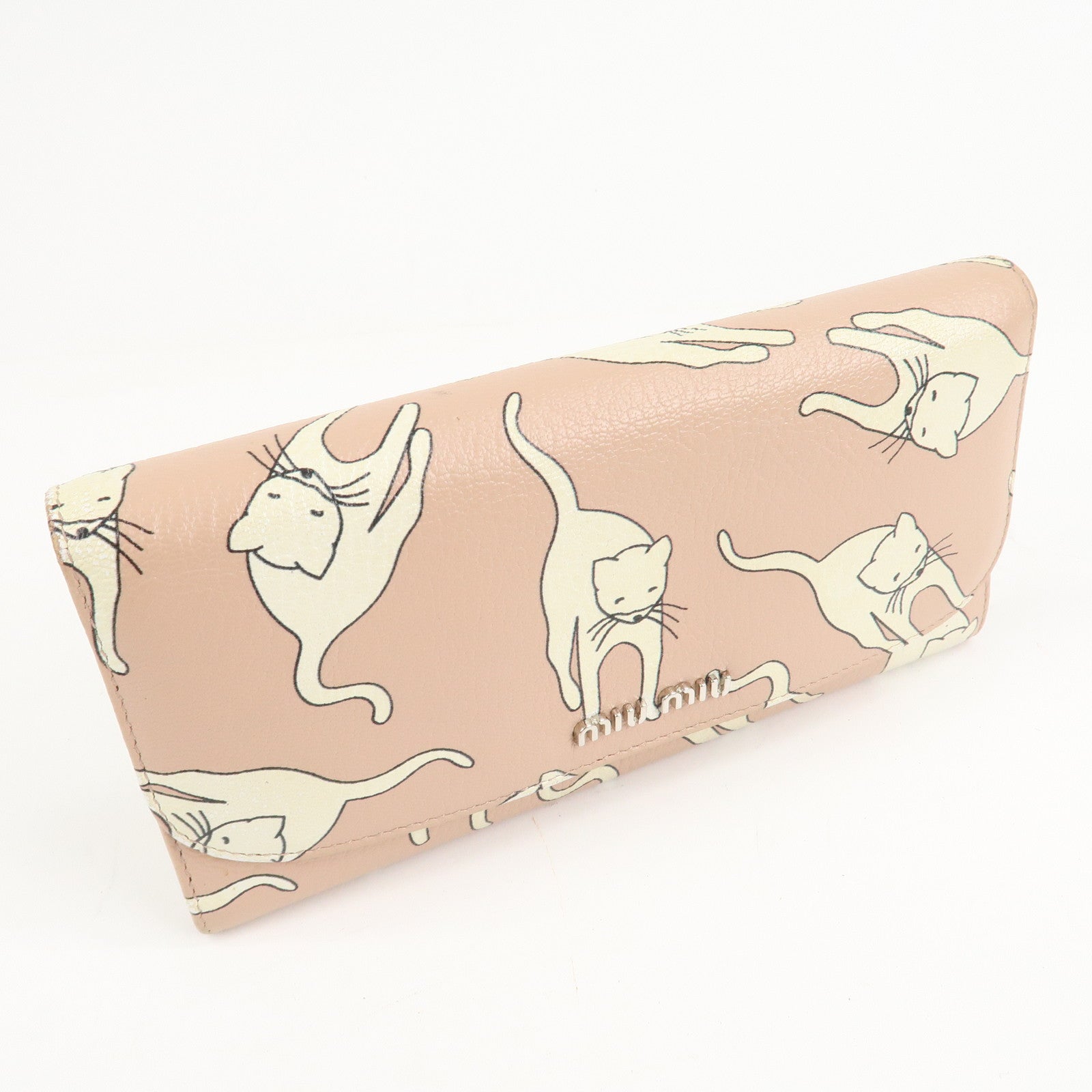 MIU MIU Leather Cat Motif Long Wallet Pink Beige 5MH109 Used