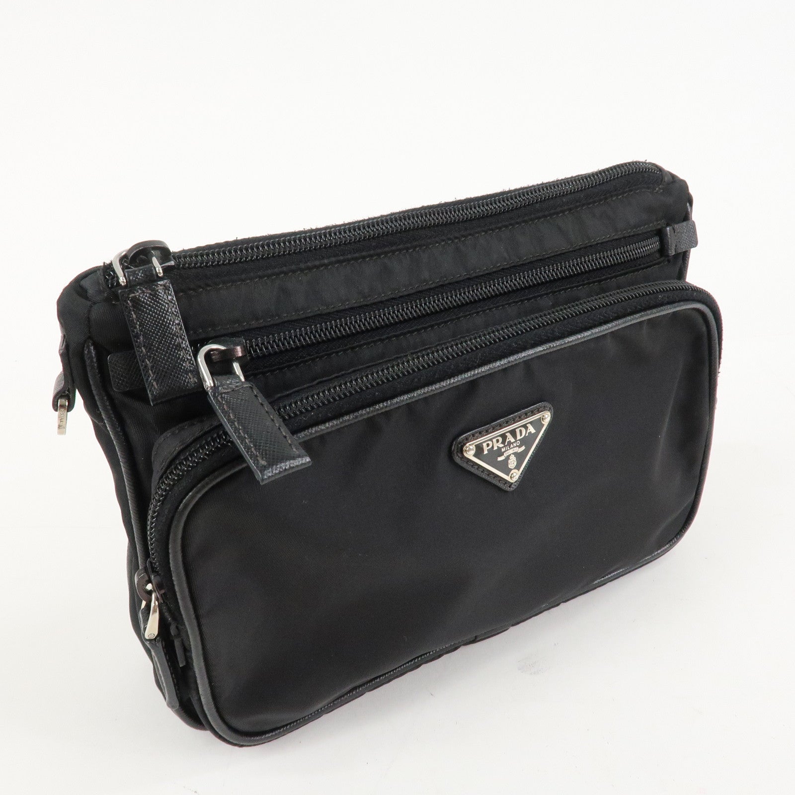 PRADA Logo Nylon Leather Clutch Bag Travel Pouch Black Used