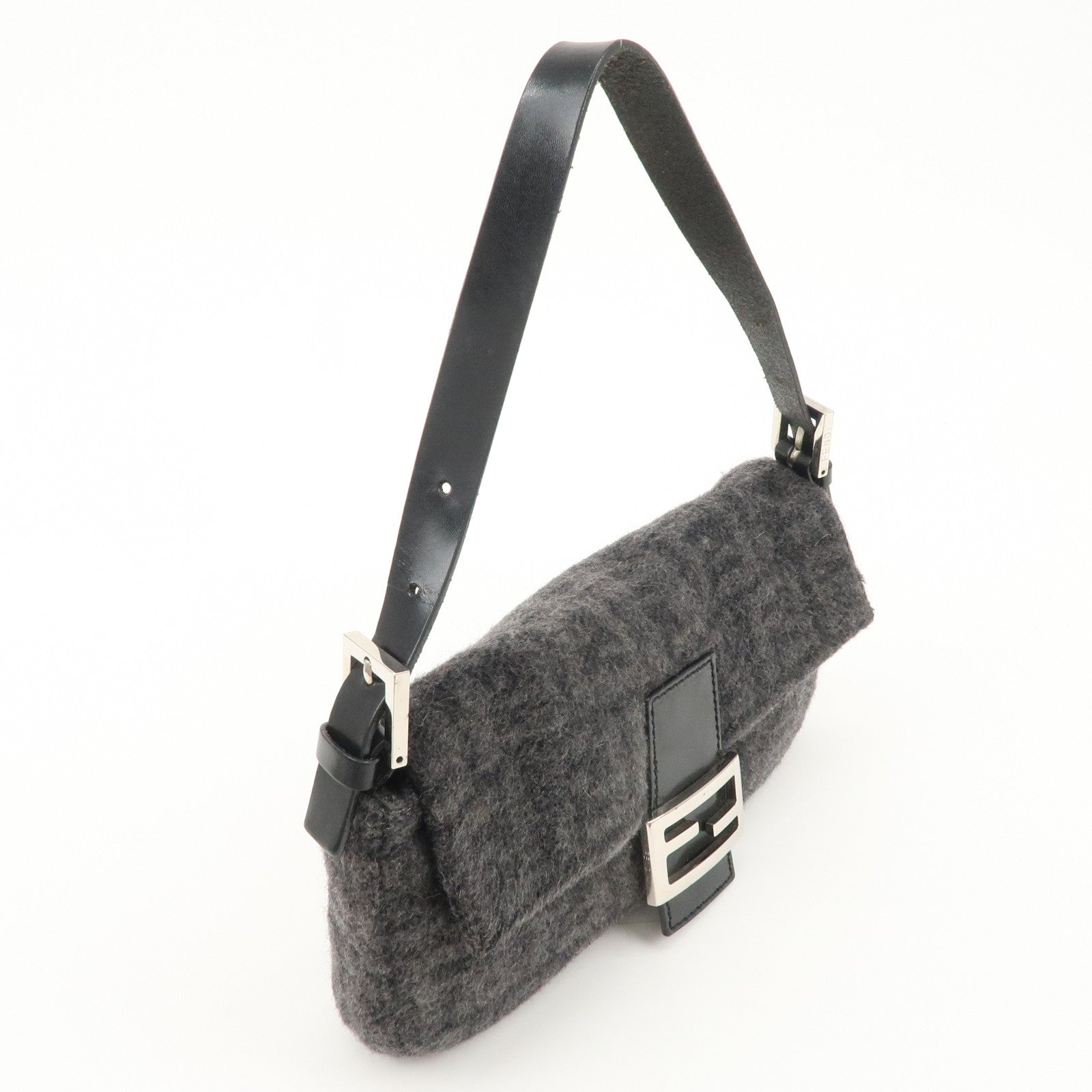 FENDI Mamma Baguette Zucca Wool Leather Shoulder Bag Gray 26424 Used