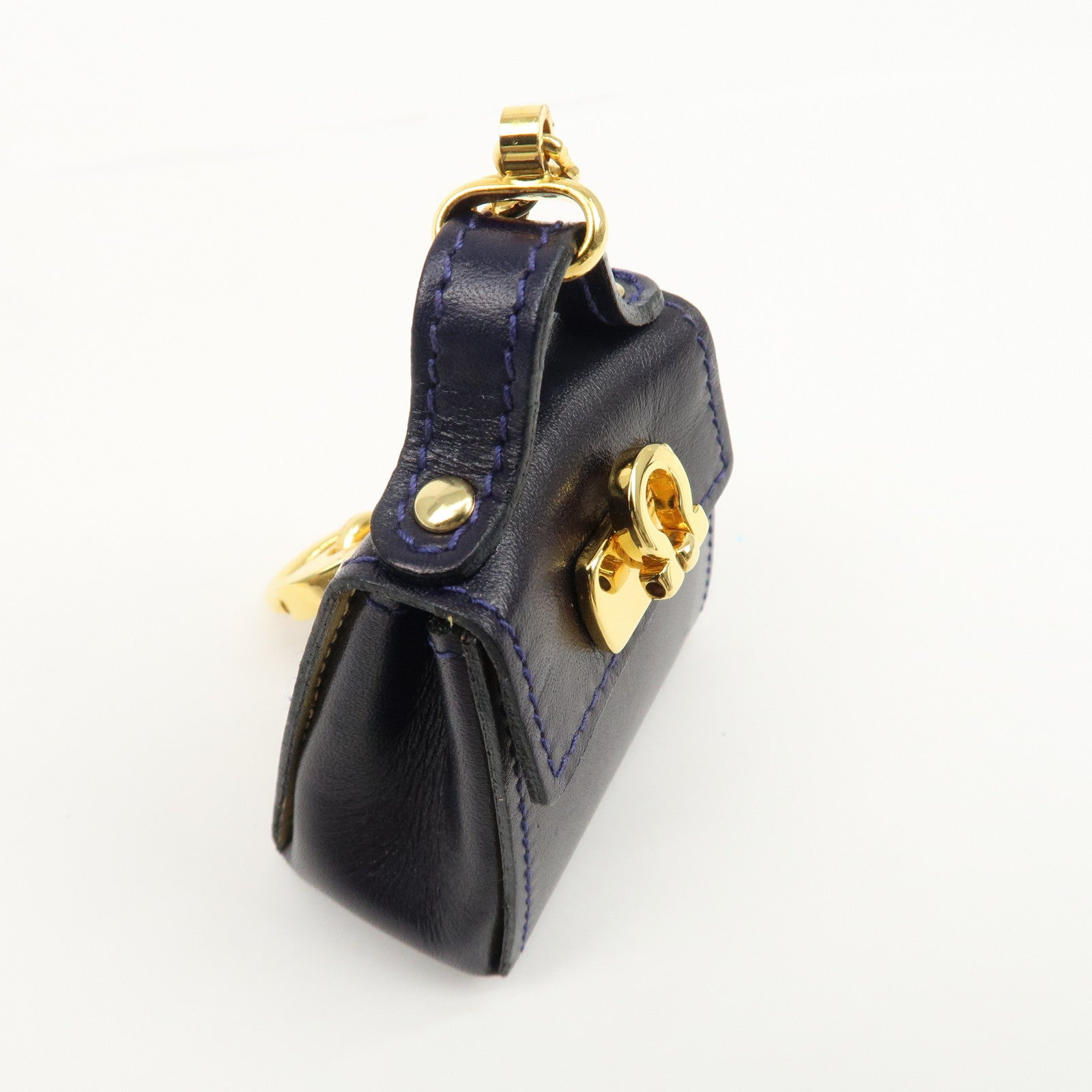 Ferragamo Leather Gancini Bag Motif Charm Dark Purple 22.5641 Used