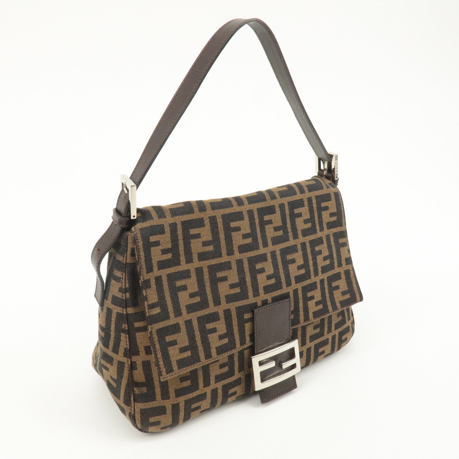 FENDI Mamma Baguette Zucca Canvas Leather Bag Brown Black 26325