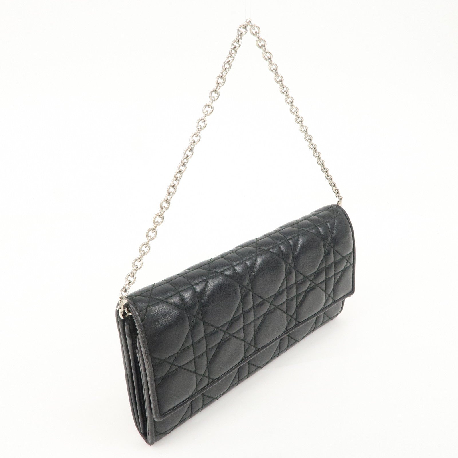 Christian Dior Cannage Leather Chain Long Wallet WOC Black Used