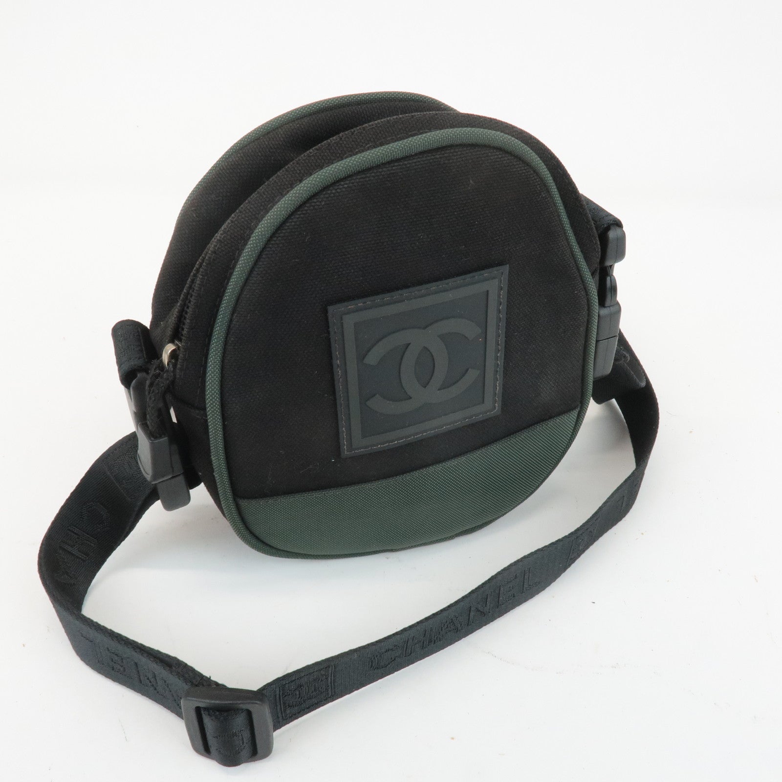 CHANEL Sports COCO Mark Canvas Shoulder Bag Black Green A23300 Used