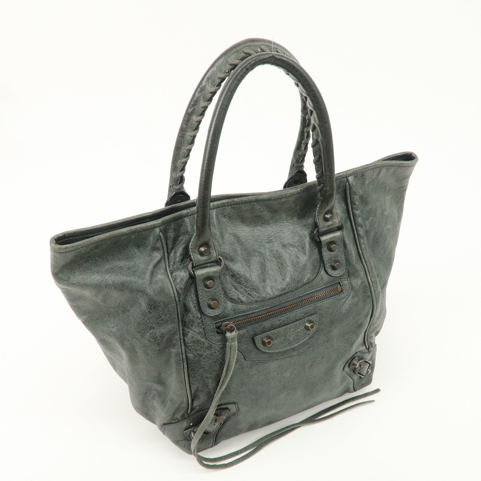 BALENCIAGA Leather The Sunday Tote Hand Bag Dark Green 228750