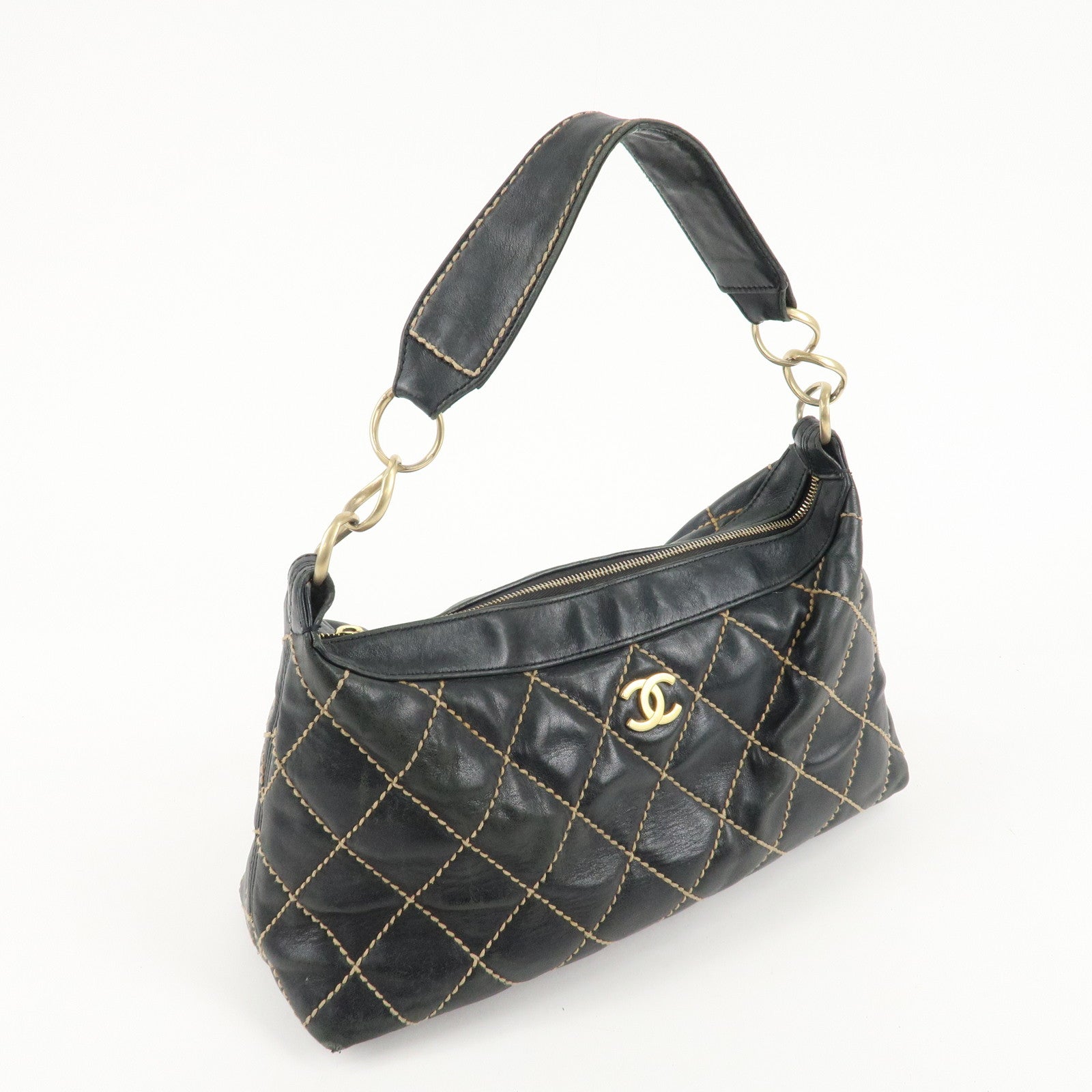 CHANEL Wild Stitch Lambskin Shoulder Bag Hand Bag Black A20663 Used