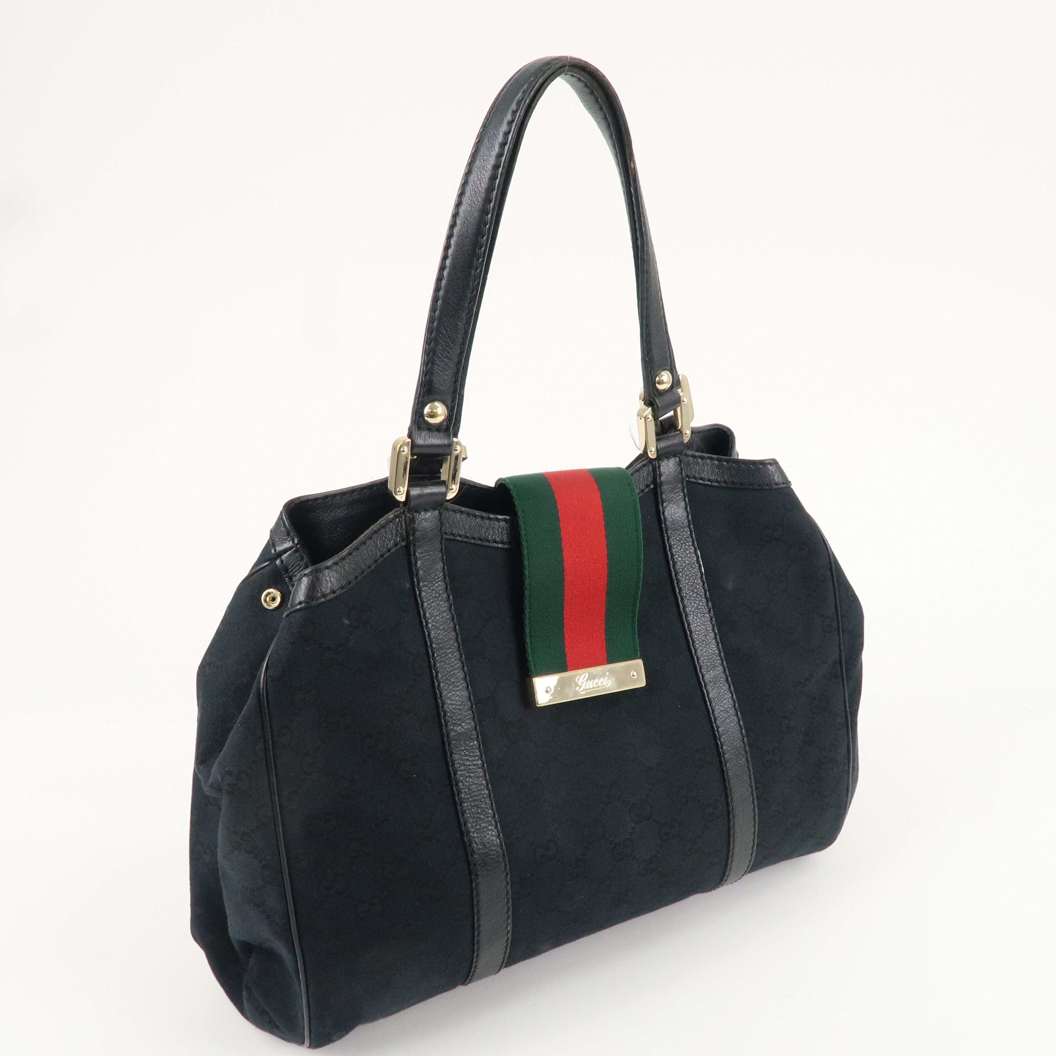 GUCCI Sherry GG Canvas Leather Hand Bag Black 233609