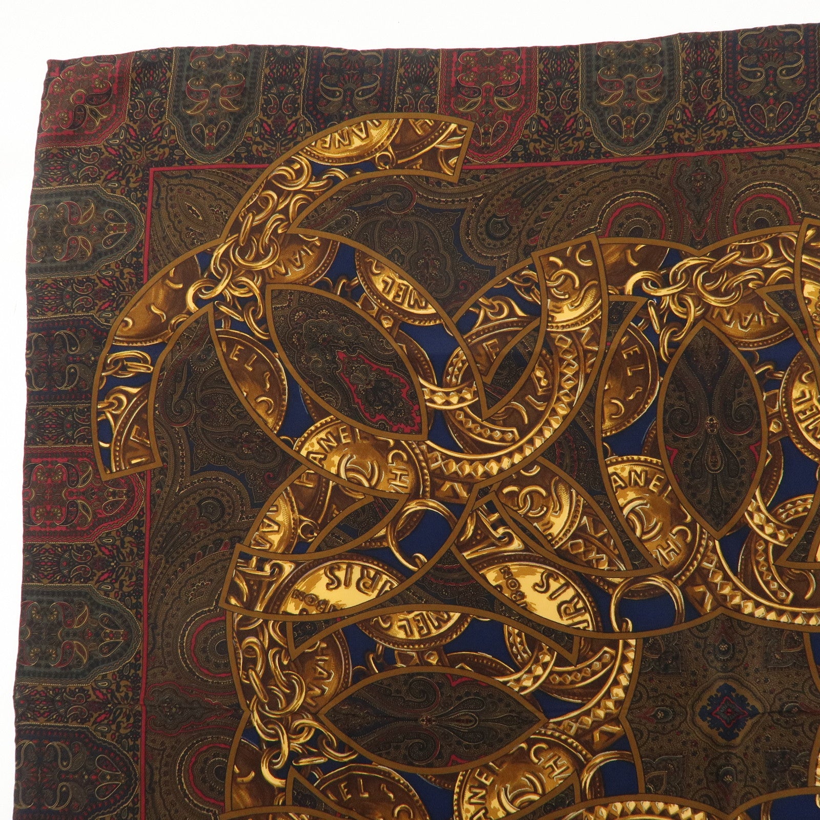 CHANEL Scarf Silk 100 % Chain Paisley Pattern Navy Gold Brown