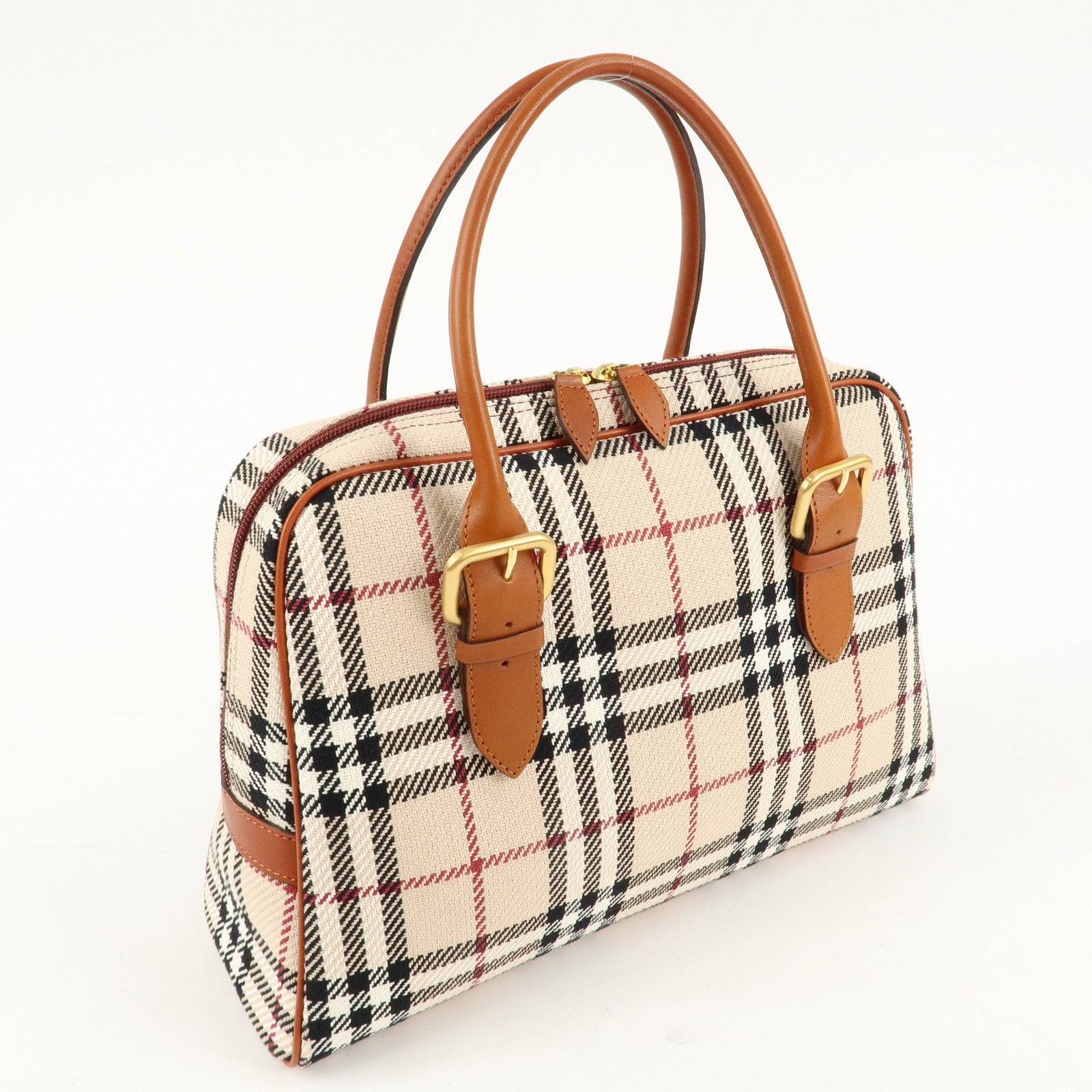 BURBERRY Leather Hand Bag Boston Bag Nova Plaid Brown