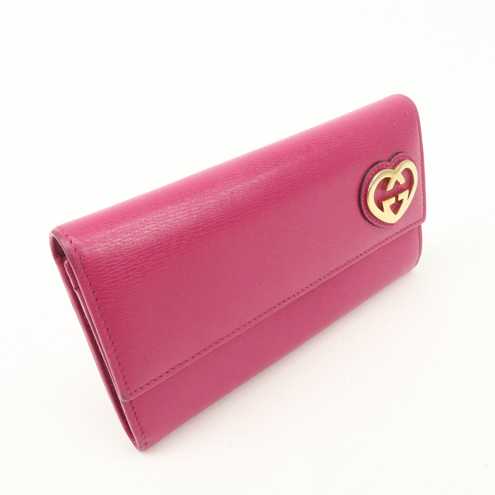 GUCCI Lovely Heart Logo Leather Bifold Long Wallet Pink 251861 Used