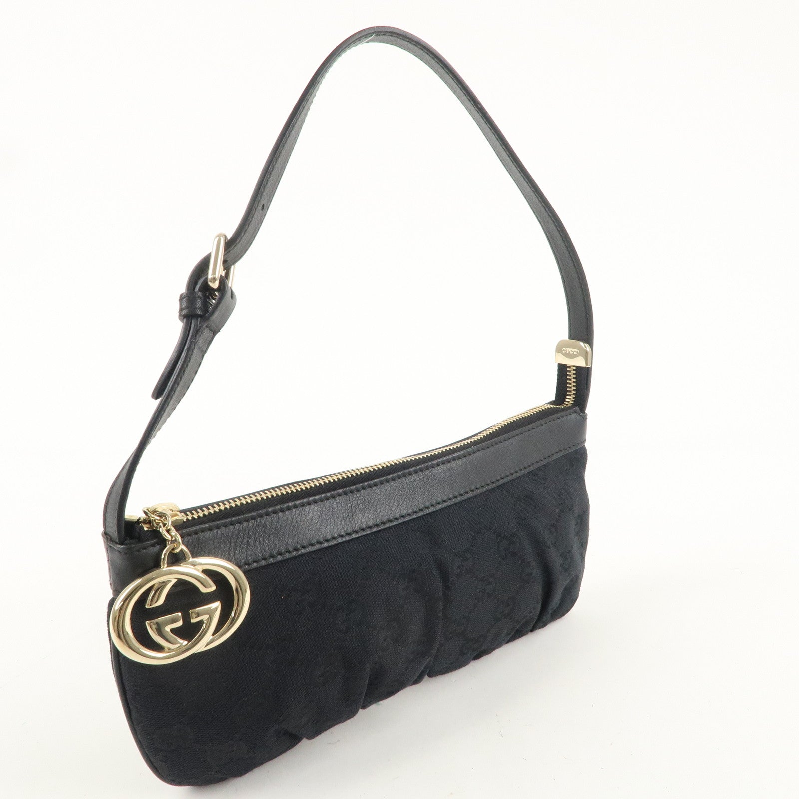 GUCCI Interlocking G GG Canvas Leather Pouch Hand Bag Black 212122