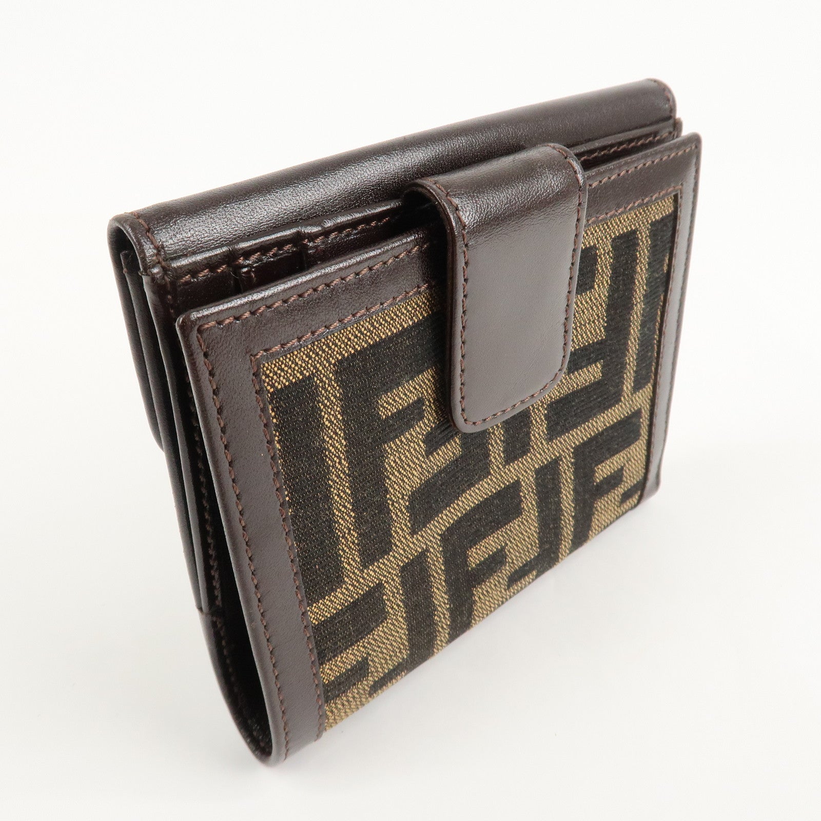 FENDI Zucca Canvas Leather W Hook Bifold Wallet 12671