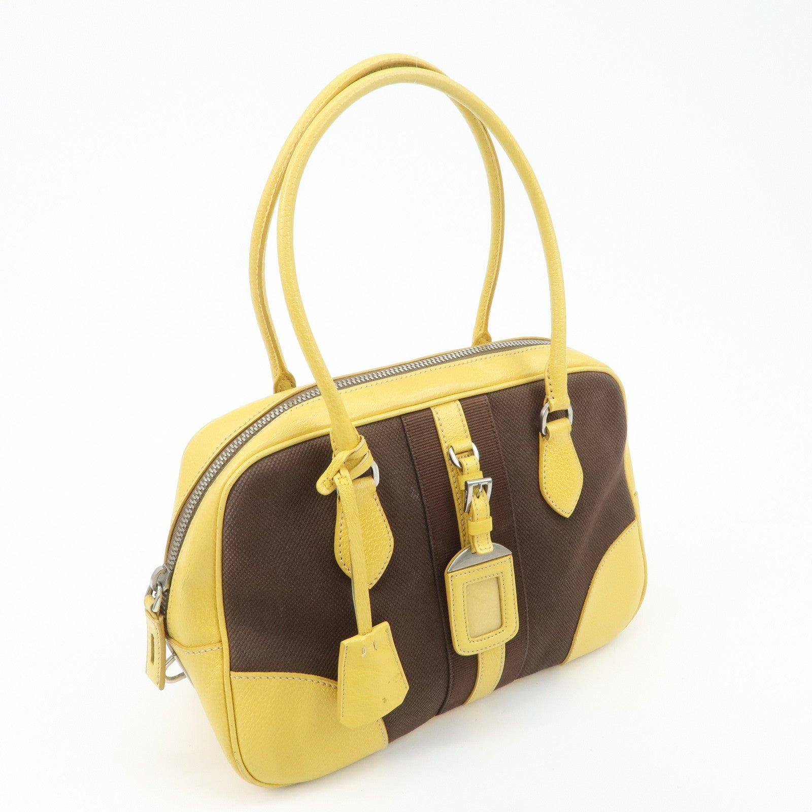 PRADA Canvas Leather Shoulder Bag Hand Bag Brown Yellow