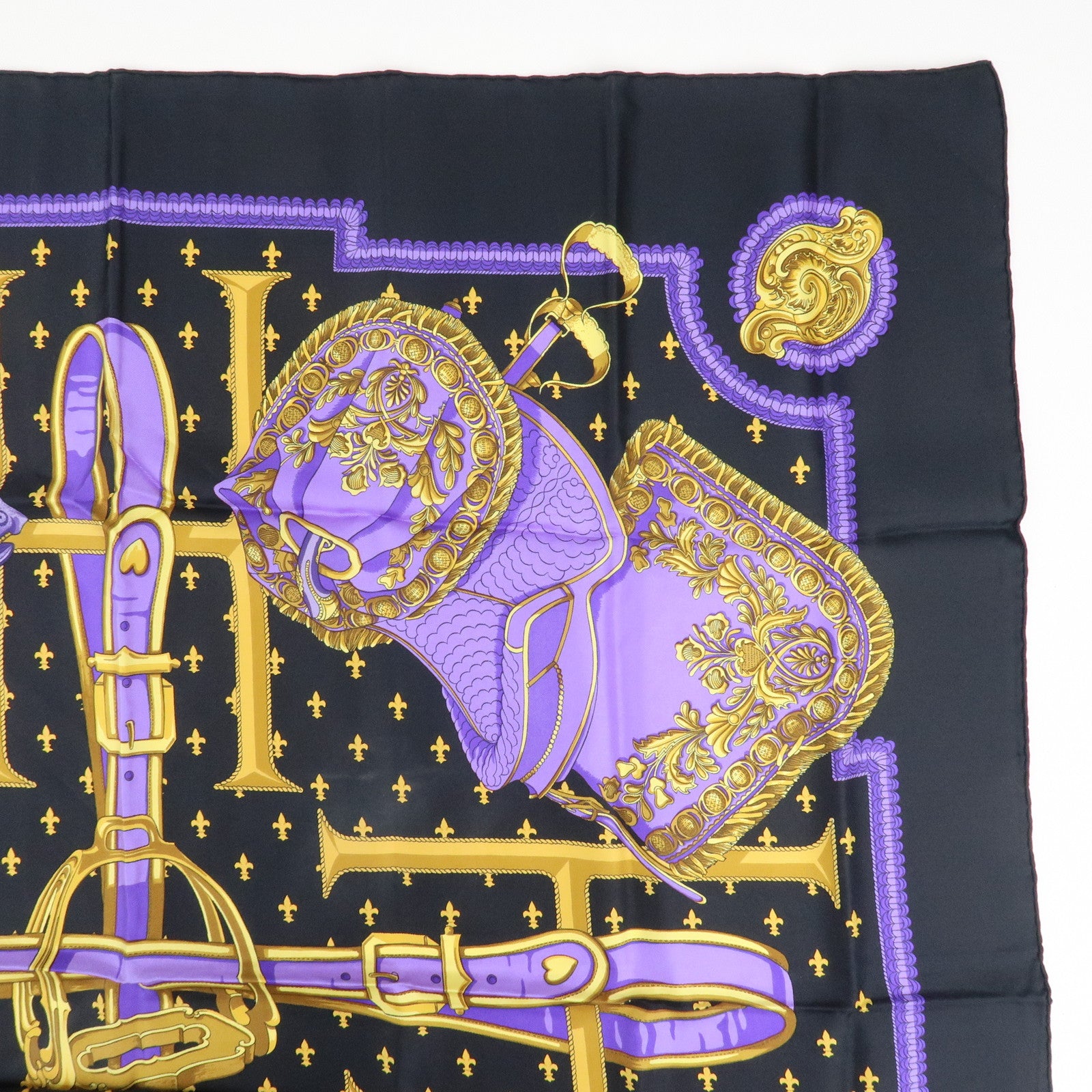 HERMES Carre 90 Silk 100% Scarf SELLES A HOUSSE Black Purple Gold Used