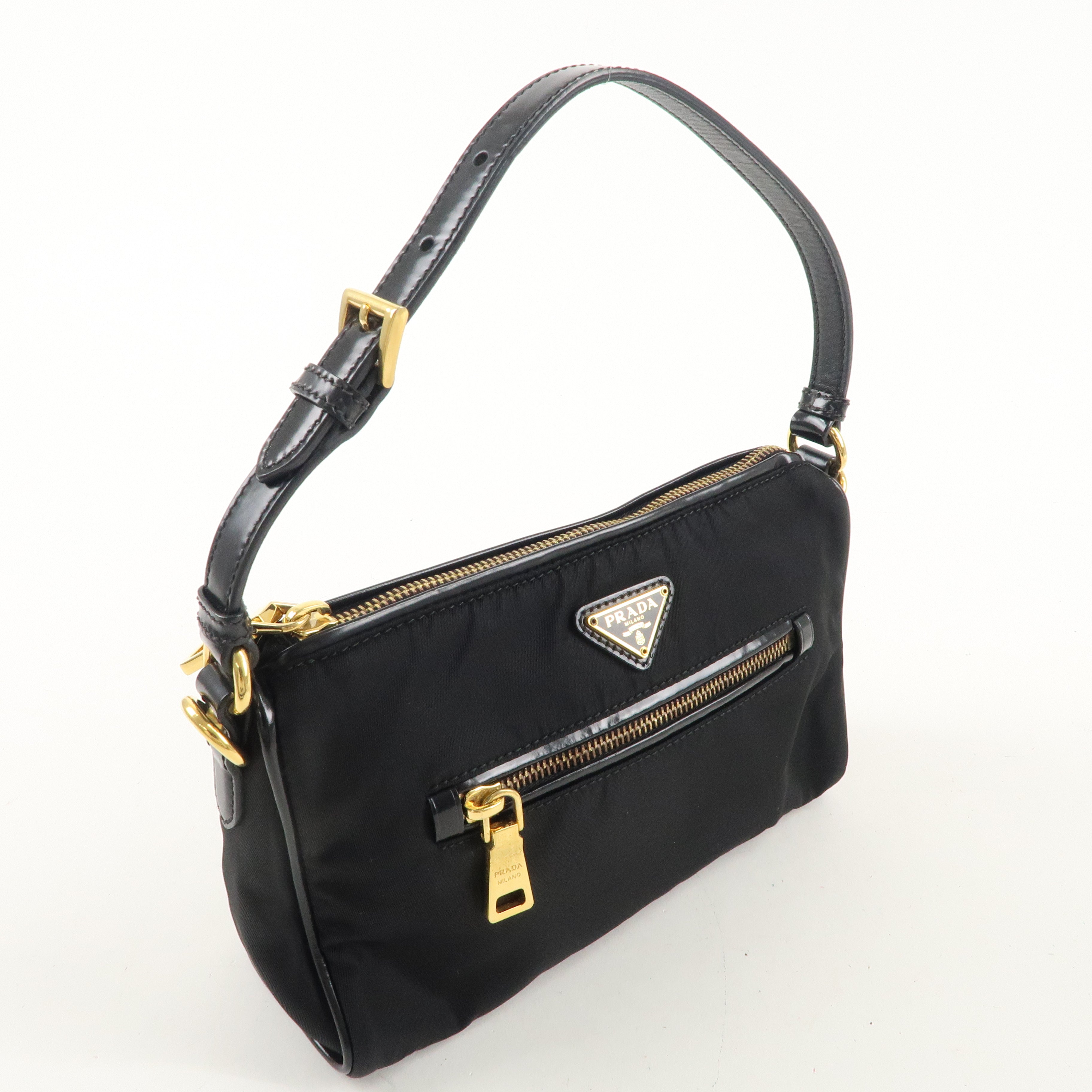 PRADA Logo Nylon Patent Leather Shoulder Bag Hand Bag Black