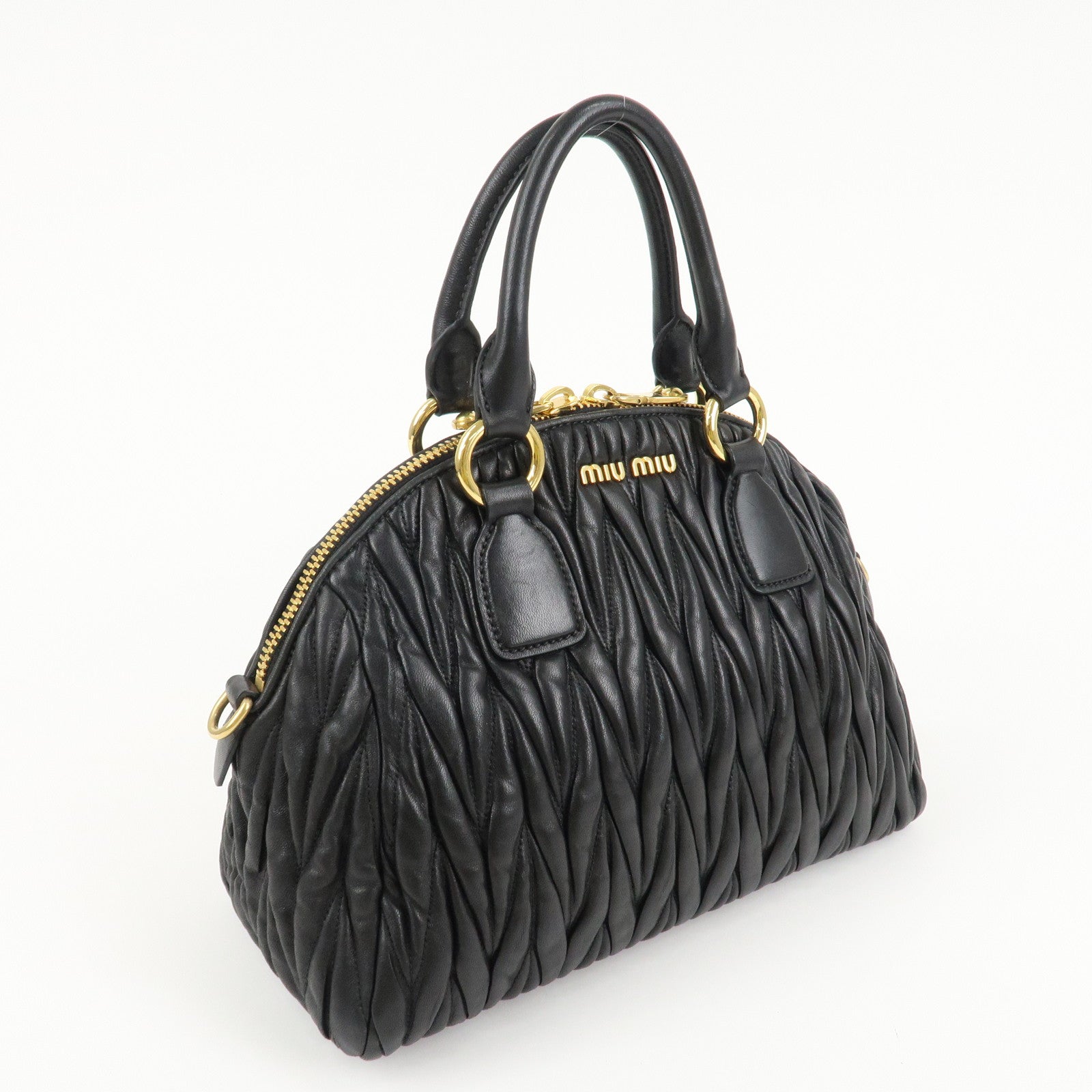 MIU MIU Matelasse Leather Hand Bag Black Gold Hardware Used