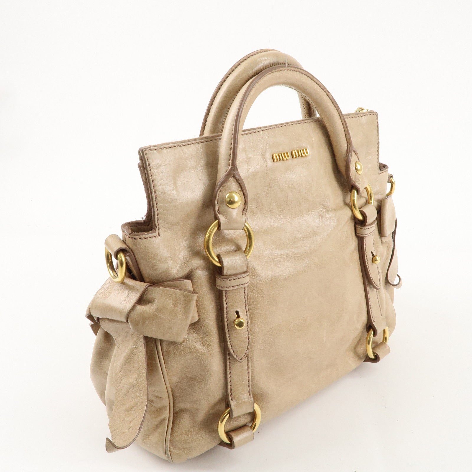 MIU MIU Leather Side Ribbon 2WAY Hand Shoulder Bag Beige PT0438