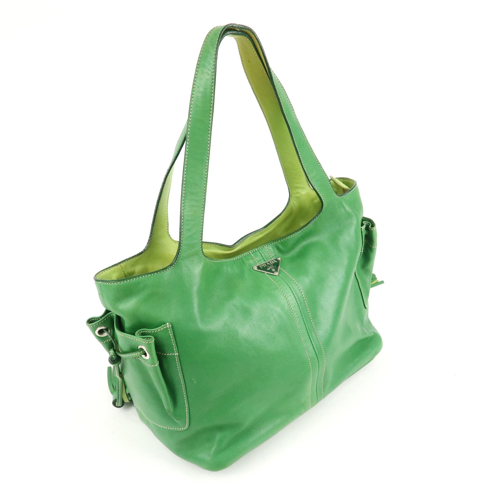 PRADA Logo Leather Tassel Shoulder Bag Hand Bag Green Used