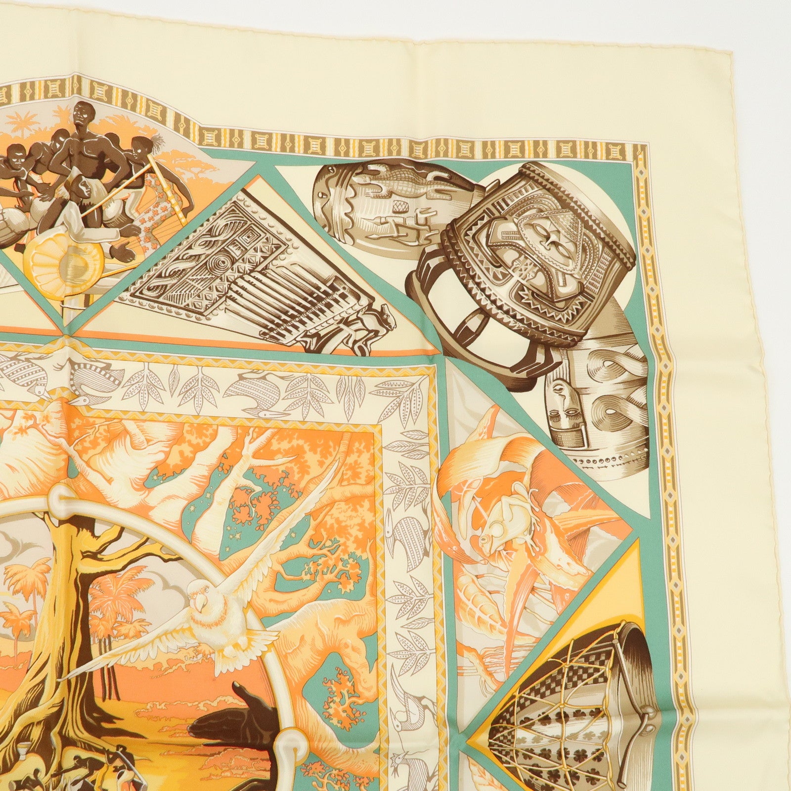 HERMES Carre 90 Silk 100% Scarf Au Son du Tam Tam Ivory Orange Used