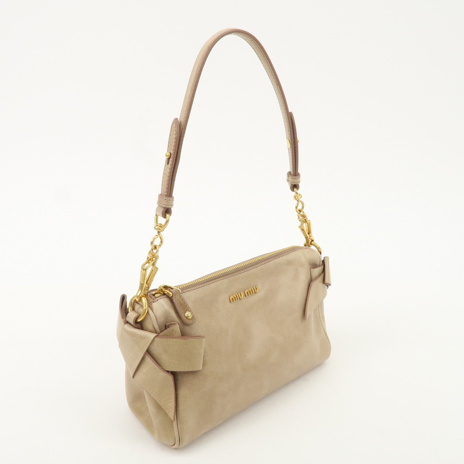 MIU MIU Leather Shoulder Bag Beige Gold Hardware Used