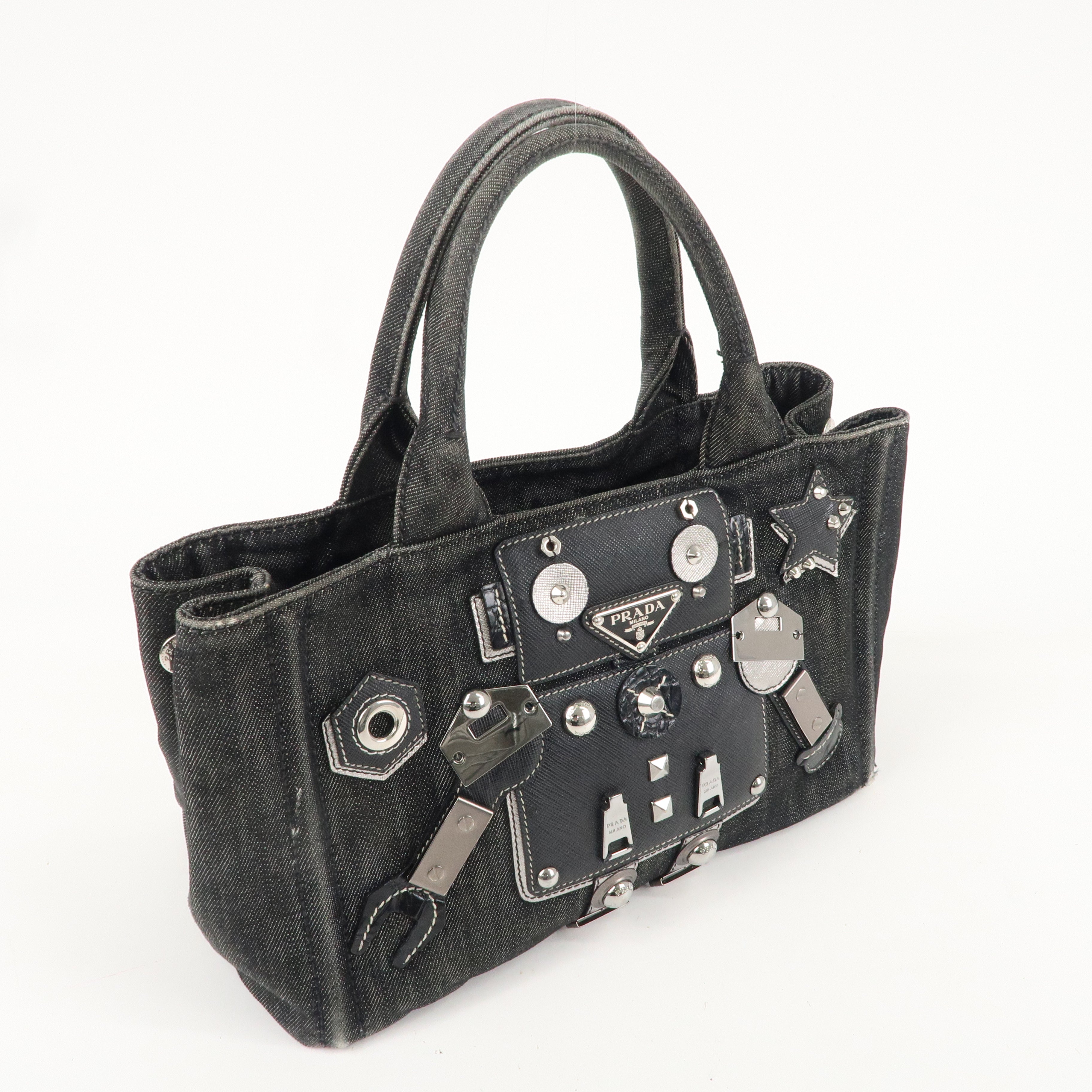 PRADA Logo Canapa Mini Denim Canvas Hand Bag Robot Black 1BG439