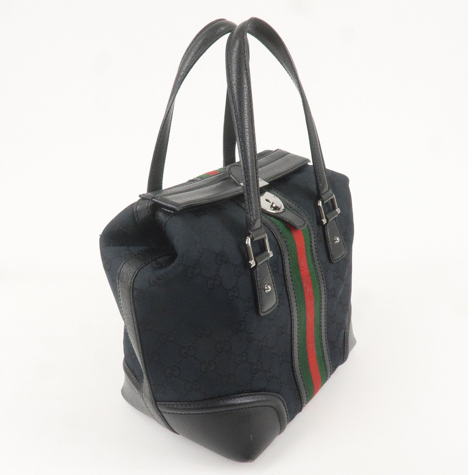 GUCCI Sherry GG Canvas Leather Handbag Black 146002