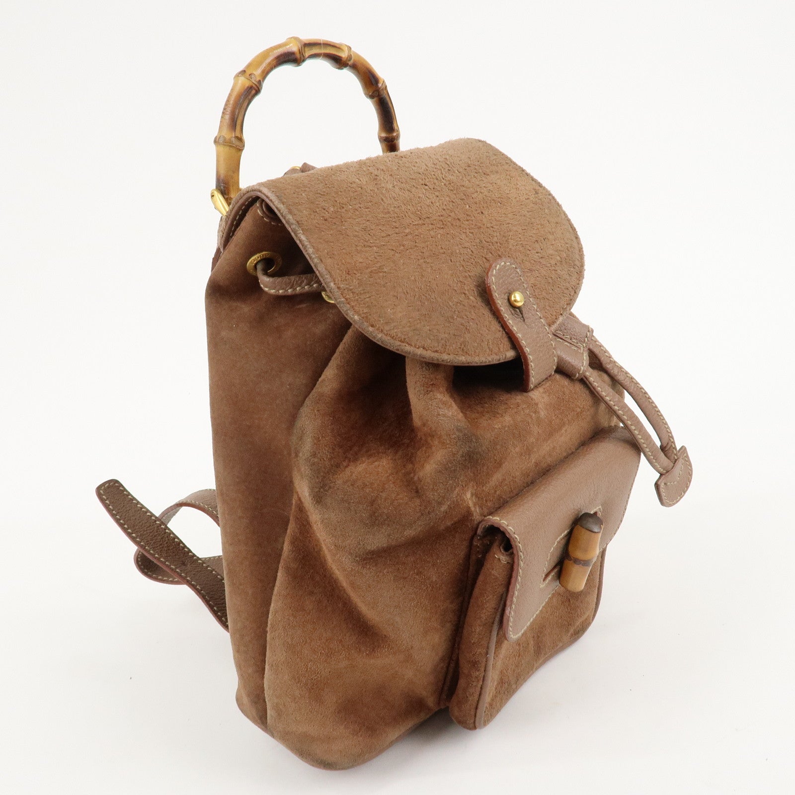 GUCCI Bamboo Suede Leather Back Pack Ruck Sack Brown 003.3444.0030 Used