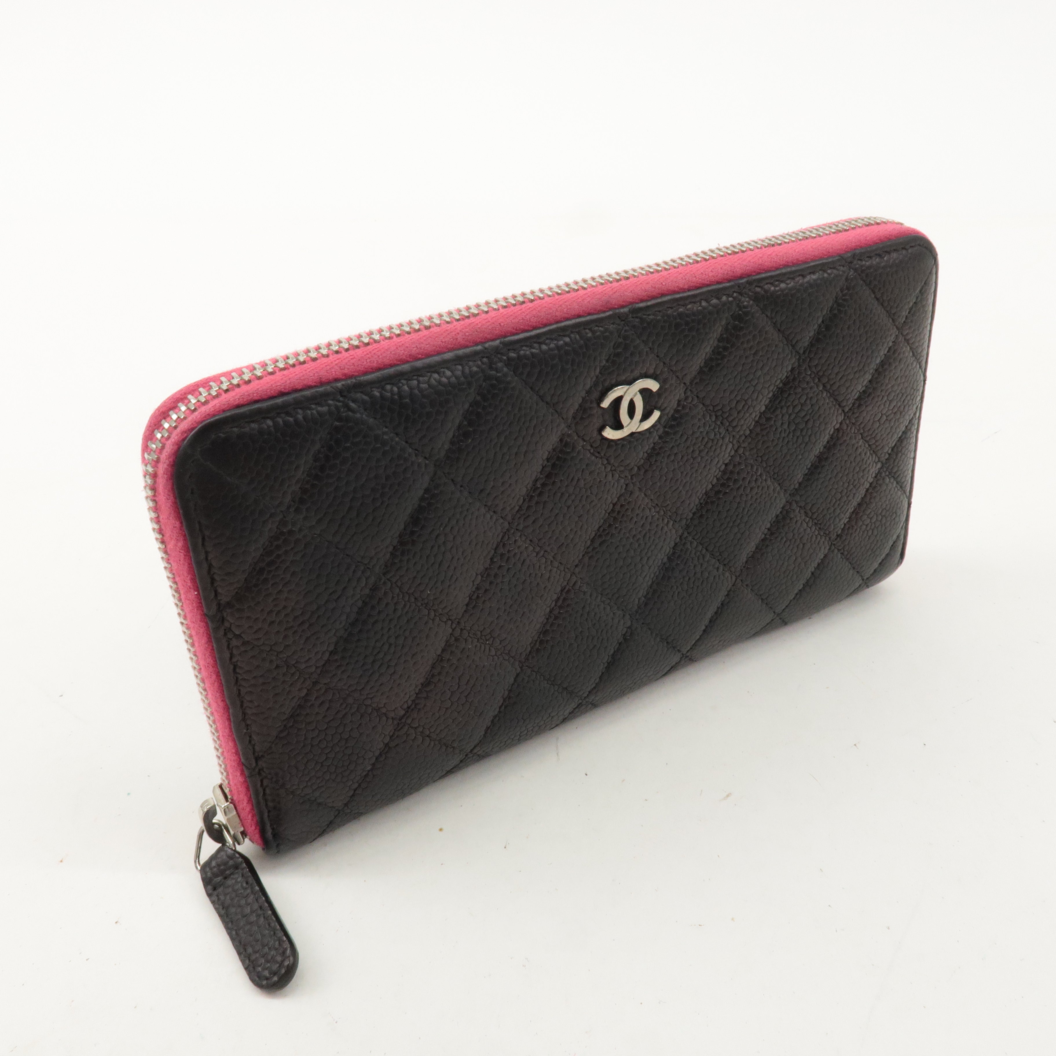 CHANEL Caviar Skin Zip Round Long Wallet Black Pink