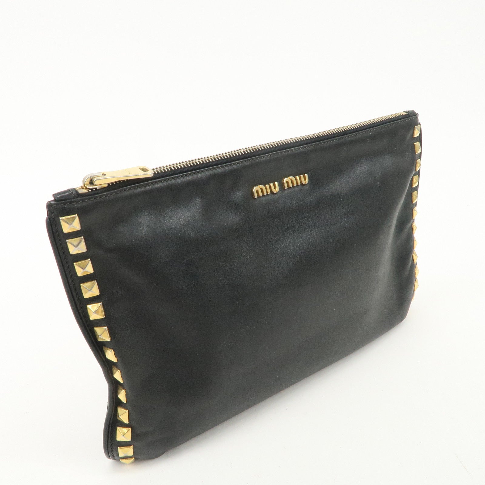 MIU MIU Leather Clutch Bag Hand Bag Black Gold Hardware Used