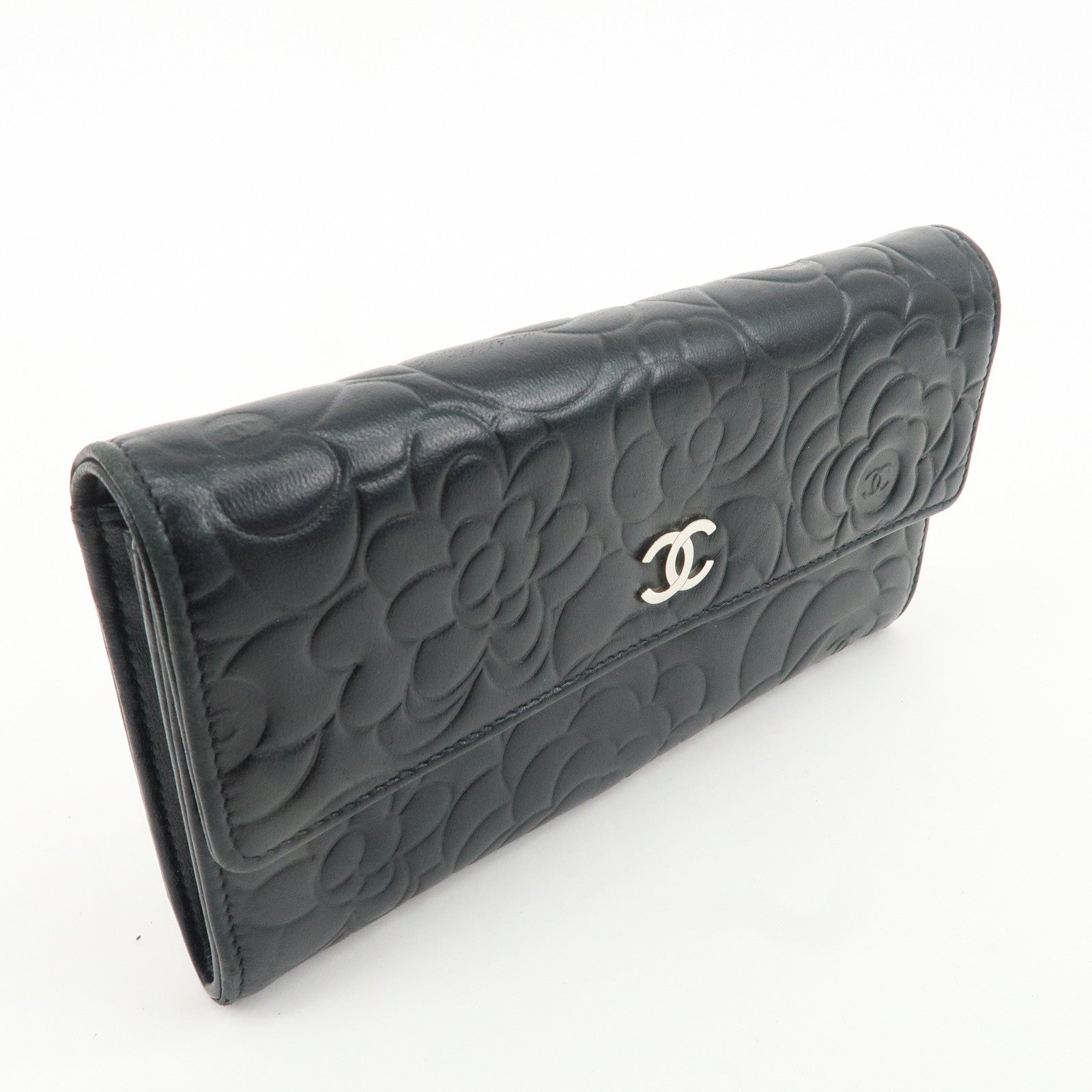 CHANEL Camelia Coco Mark Leather Bi-fold Long Wallet Black Used