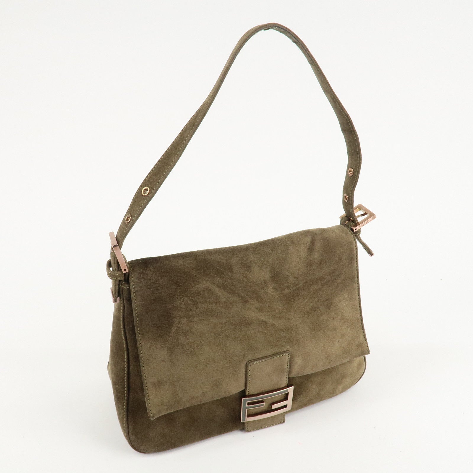 FENDI Mamma Baguette Suede Shoulder Bag Khaki 8BR001