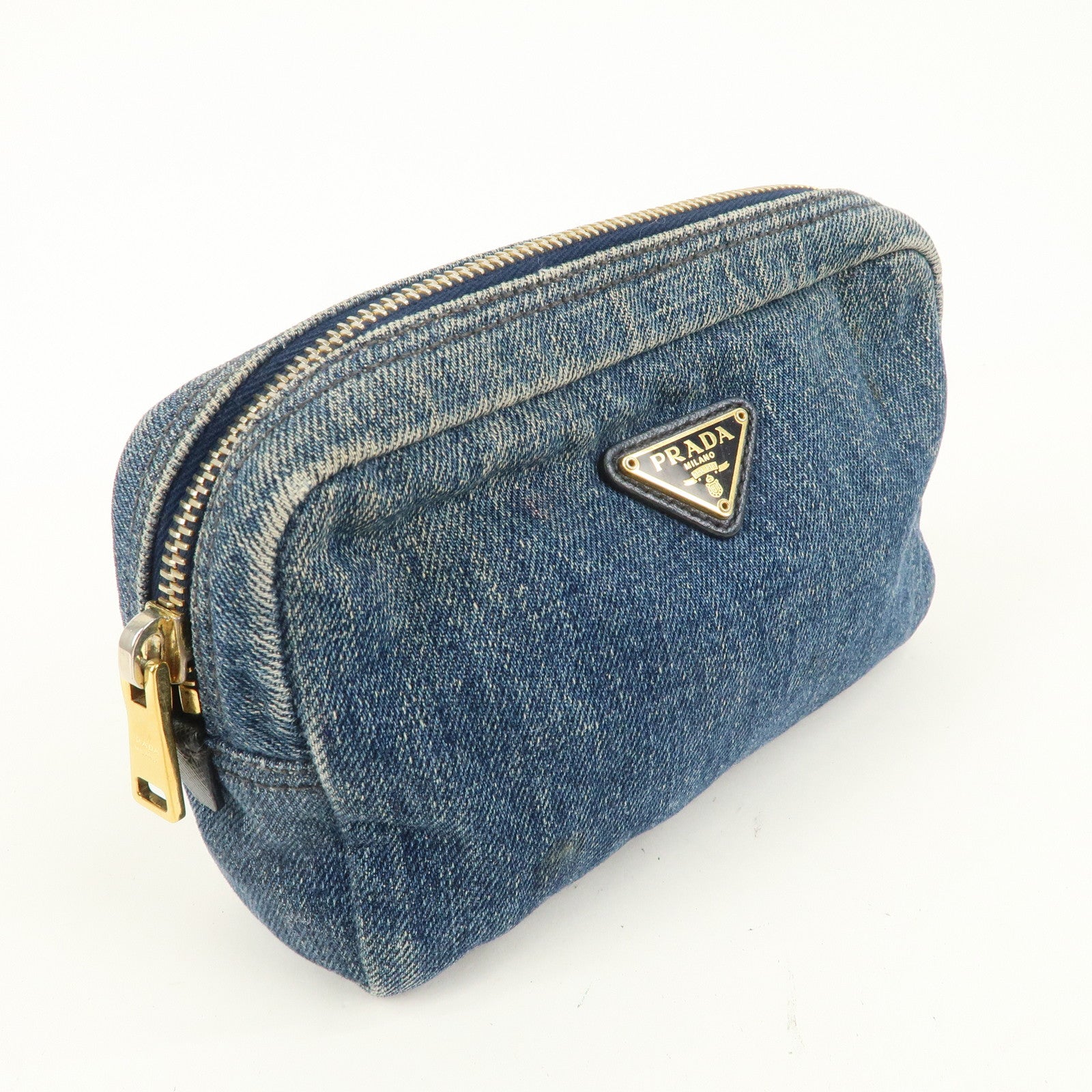 PRADA Triangle Logo Denim Pouch Cosmetic Pouch Blue Gold Hardware