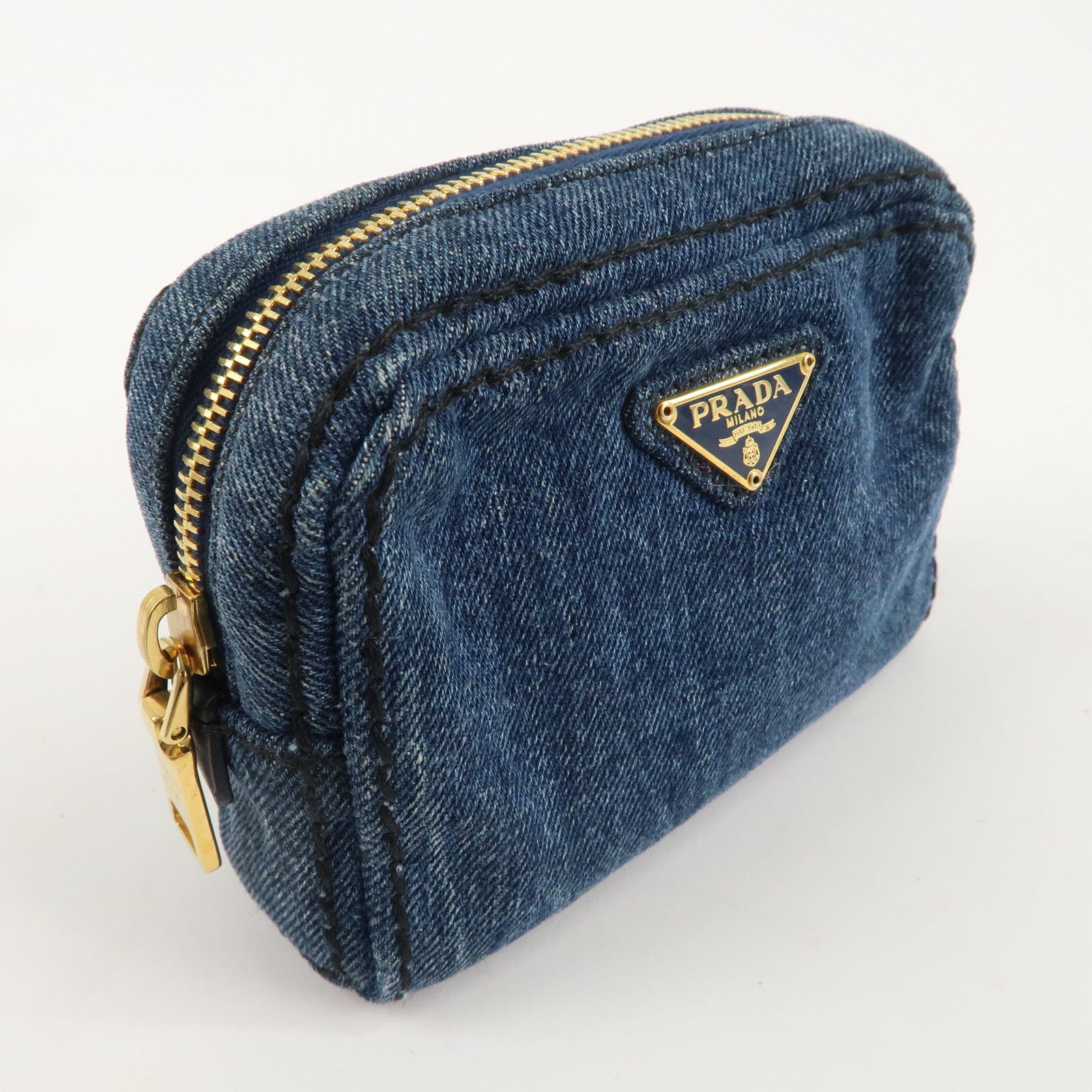 PRADA Triangle Logo Denim Pouch Cosmetic Pouch Blue