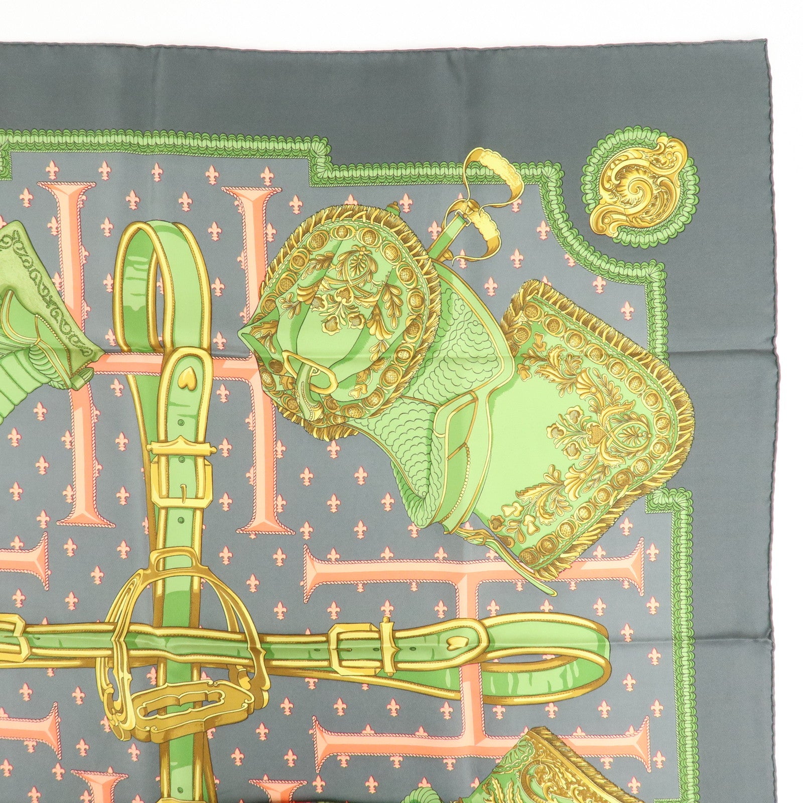 HERMES Carre 90 Silk 100% Scarf SELLES A HOUSSE Gray Green Pink Used