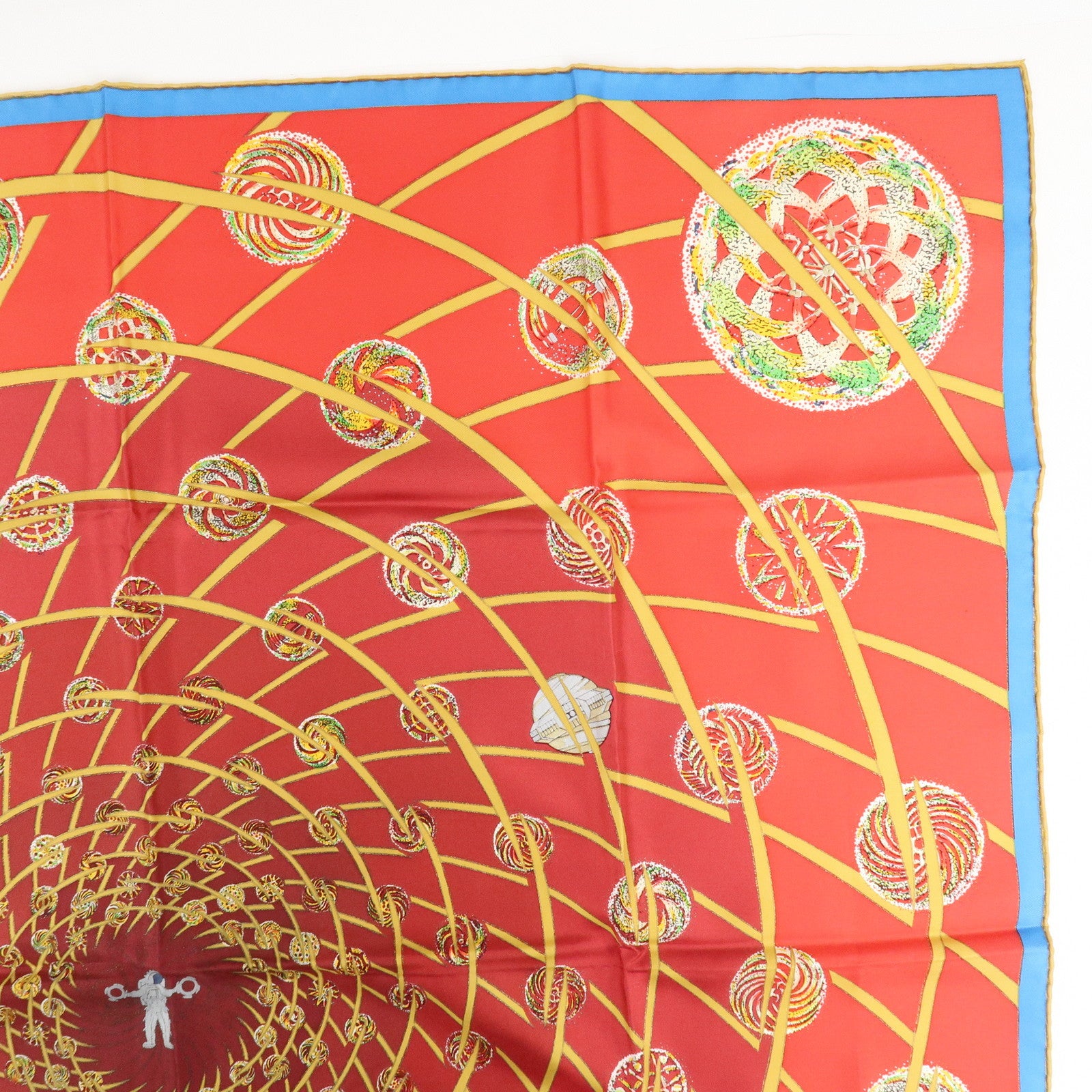 HERMES Carre 90 Silk 100% Scarf LES FEUX DE LESPACE Red Gold Blue Used