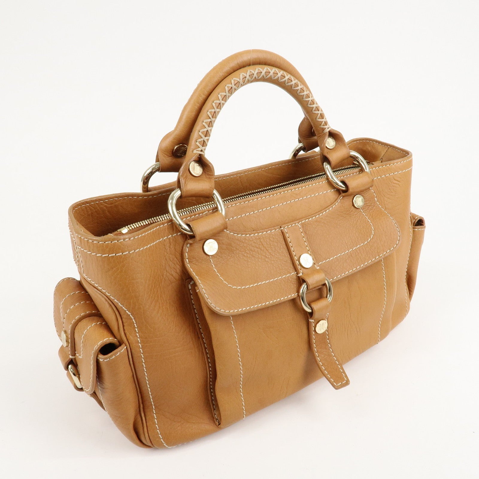 CELINE Leather Triomphe Button Boogie Bag Hand Bag Light Brown Used