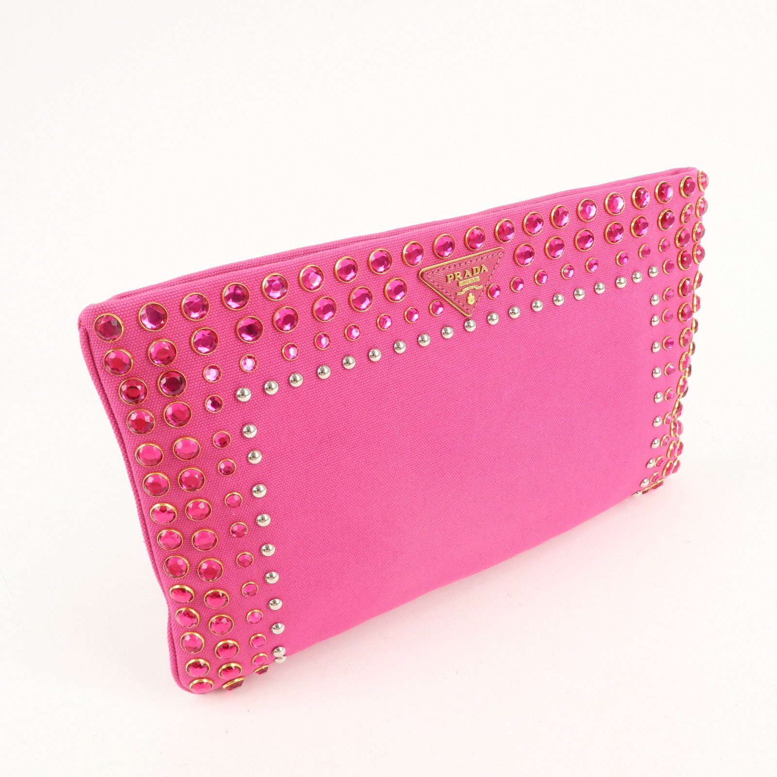 PRADA Canvas Bijoux Studded Clutch Bag Pink BP521O Used